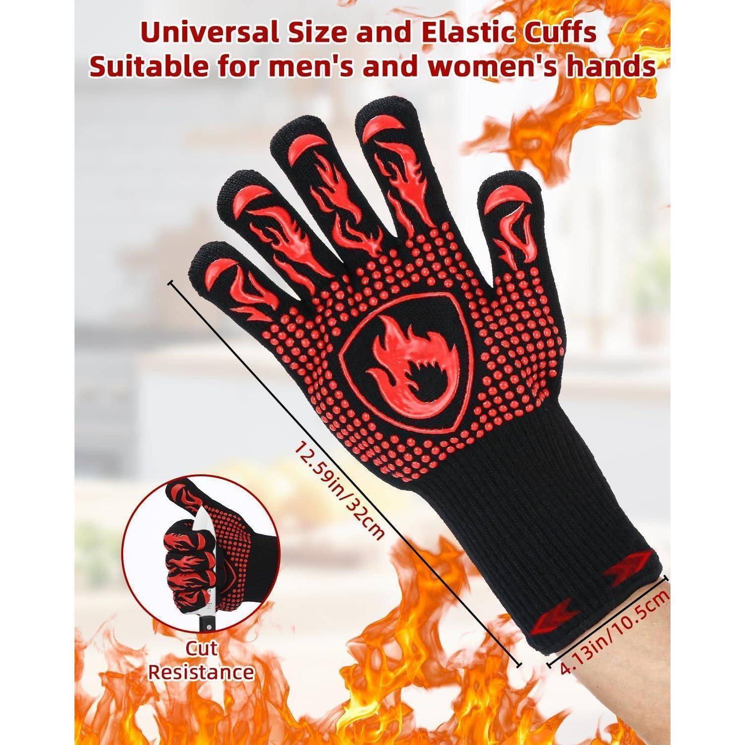 Werbebild eines hitzebeständigen Handschuhs mit Flammen-Grafik, mit der Bezeichnung „Universelle Größe und elastische Manschetten Geeignet für Hände von Männern und Frauen