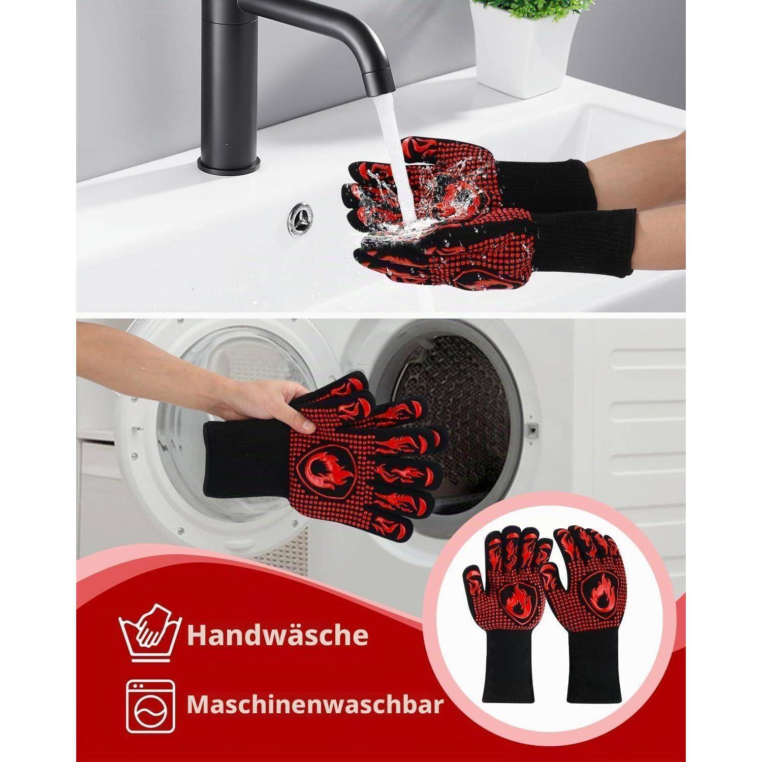 Schwarz-rote Schutzhandschuhe werden unter einem Wasserhahn gespült und in eine Waschmaschine geladen; deutscher Text besagt 'Handwäsche' und 'Maschinenwaschbar'.