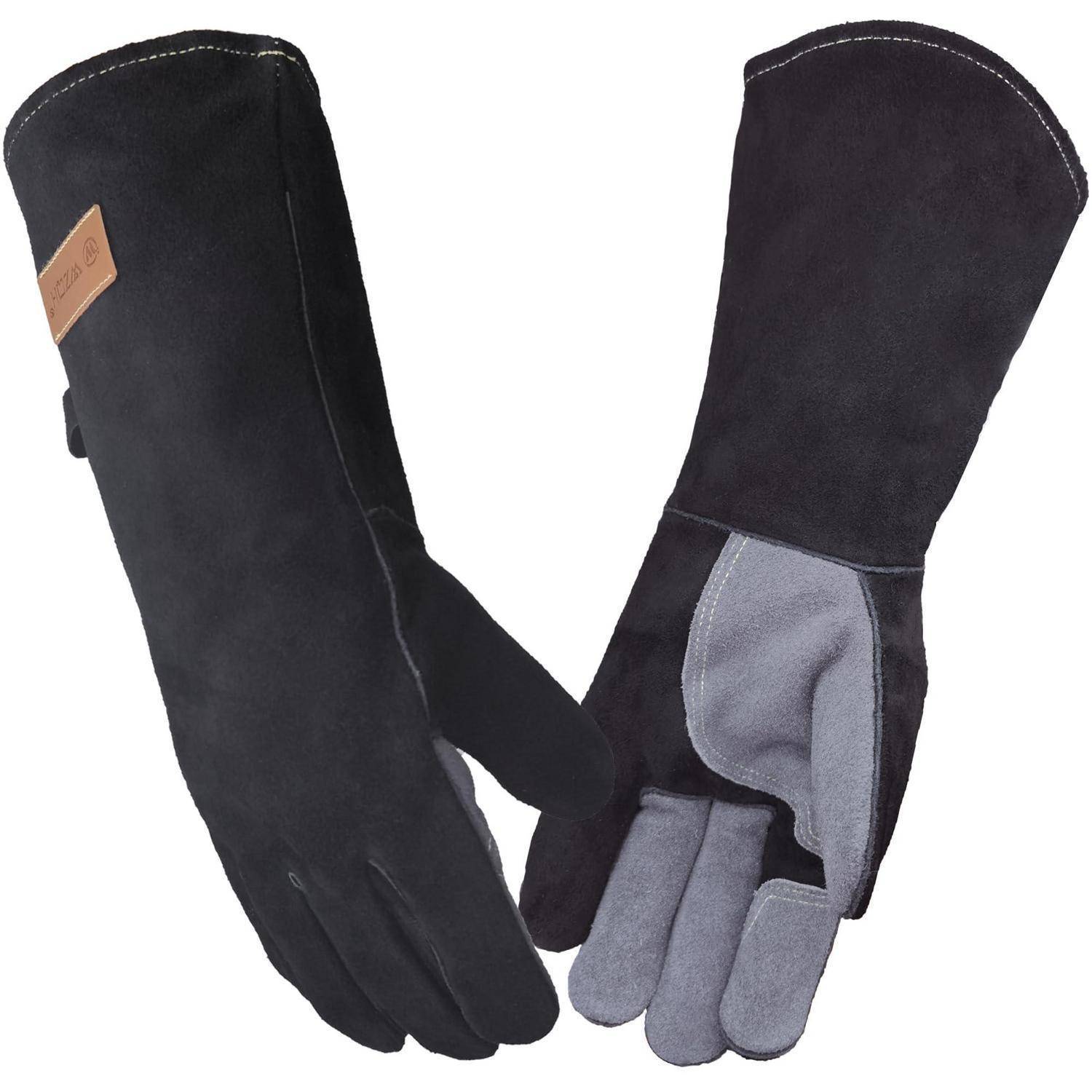 Paar schwarze lange Winterhandschuhe mit grauer Fleecefütterung, von vorne und hinten auf weißem Hintergrund dargestellt.