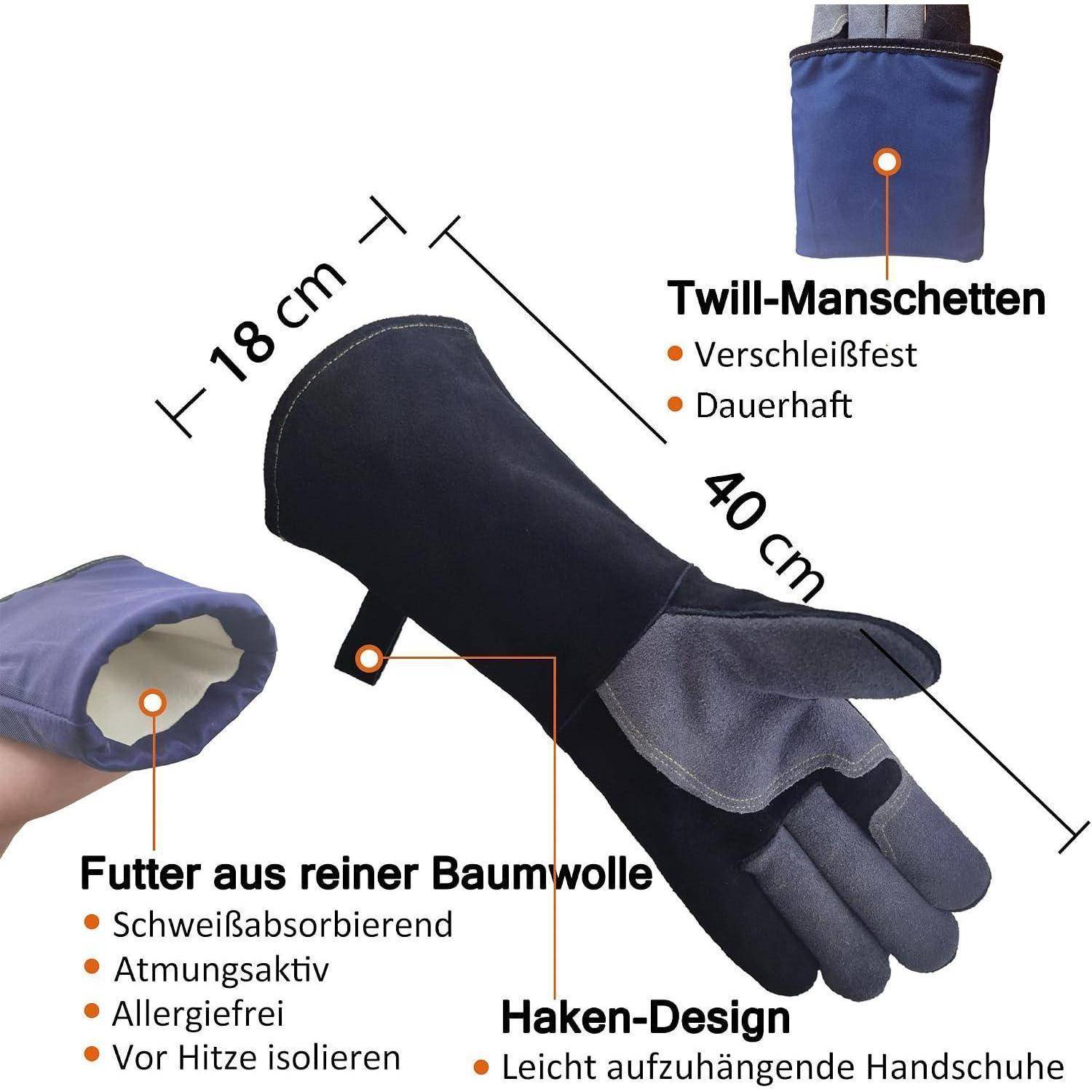 Abbildung eines Winterhandschuhs mit Hakenverschluss und Twill-Stulpen, mit der Beschriftung 18 cm breit und 40 cm lang; Anmerkungen: Baumwollfutter, schweißabsorbierend, atmungsaktiv, allergiefrei, wärmeisolierend, langlebig, leichtgewichtig.