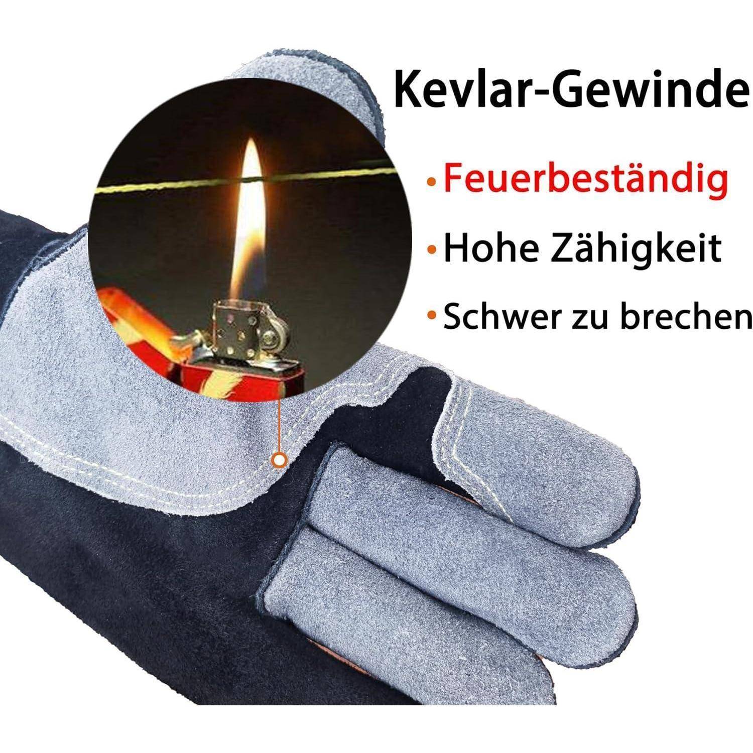 Kevlar-Handschuhe, die bei einem Flammentest gezeigt werden; deutscher Text hebt Feuerbeständigkeit, hohe Zähigkeit und Bruchsicherheit hervor.
