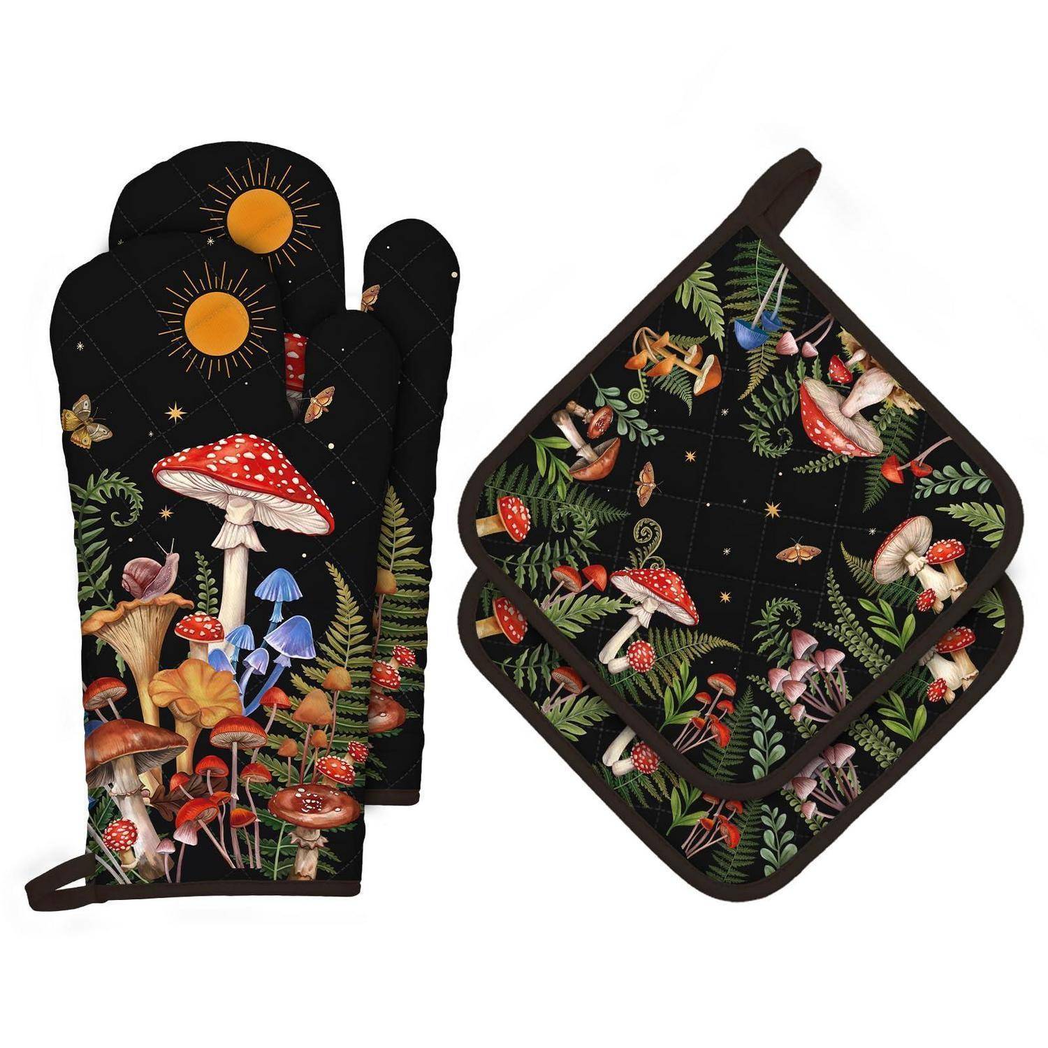 Paar schwarze Ofenhandschuhe und eine passende Topflappen mit bunten Pilz-, Farn-, Schmetterlings- und Sonnenmustern.