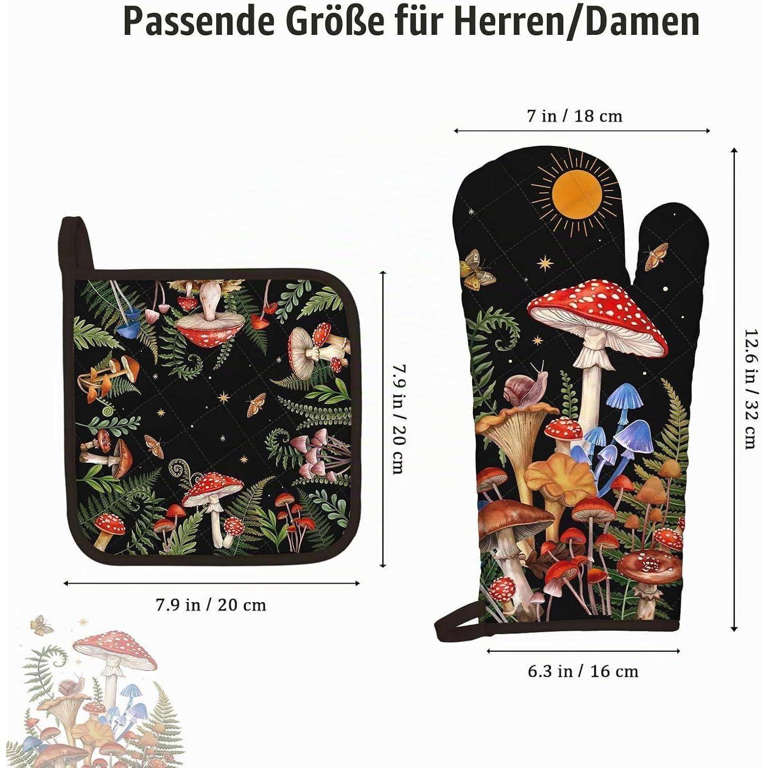 Größenangabe für Ofenhandschuh und Topflappen: Topflappen 7,9 x 7,9 Zoll (20 x 20 cm); Handschuh 12,6 x 6,3 Zoll (32 x 16 cm); Der Titel besagt „Passende Größe für Herren/Damen