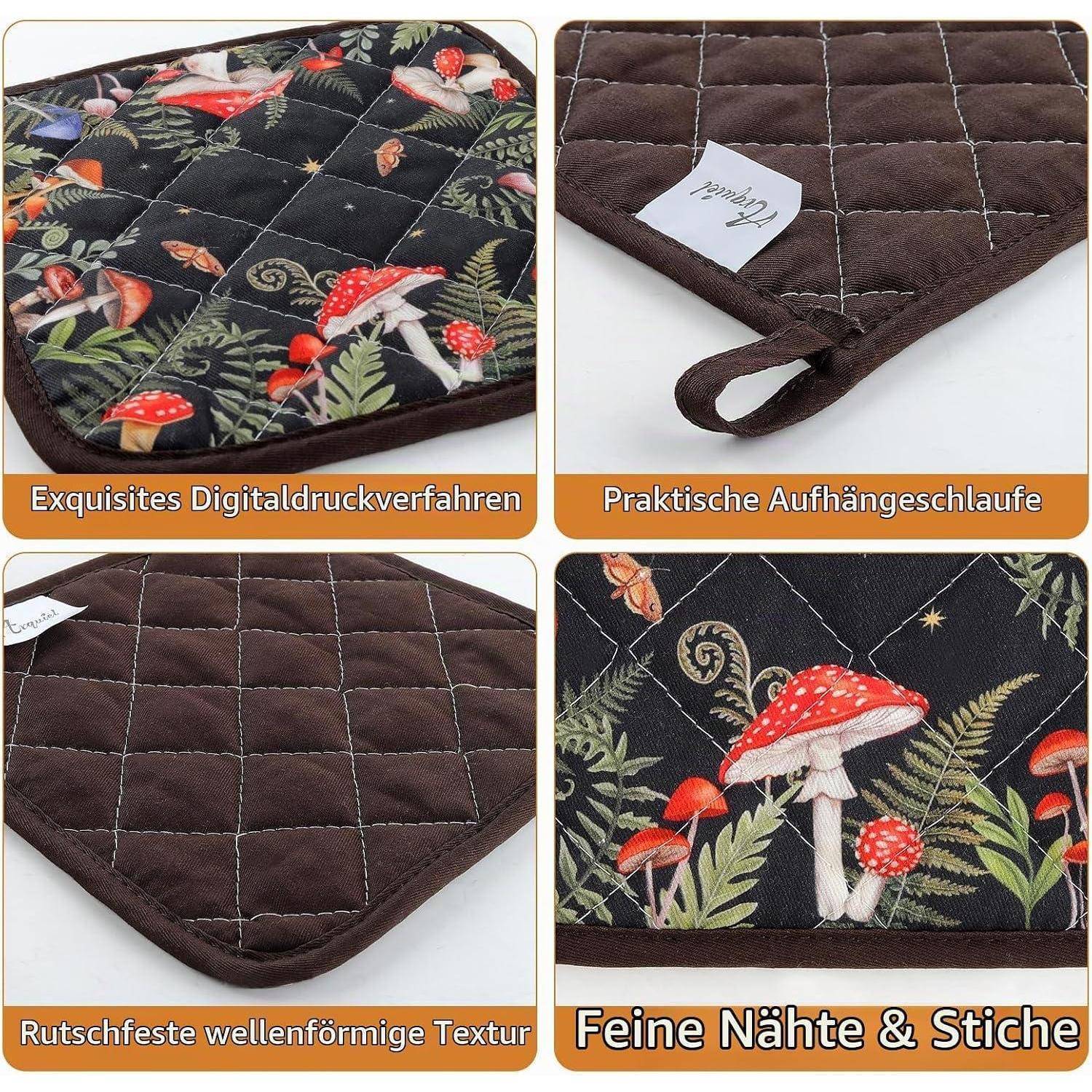 Vierteiliges Nahaufnahmen-Produktfoto einer gesteppten Topflappen mit Pilzmuster, das Druckdetail, Aufhängeschlaufe, rutschfeste gewellte Textur und feines Nähen zeigt.