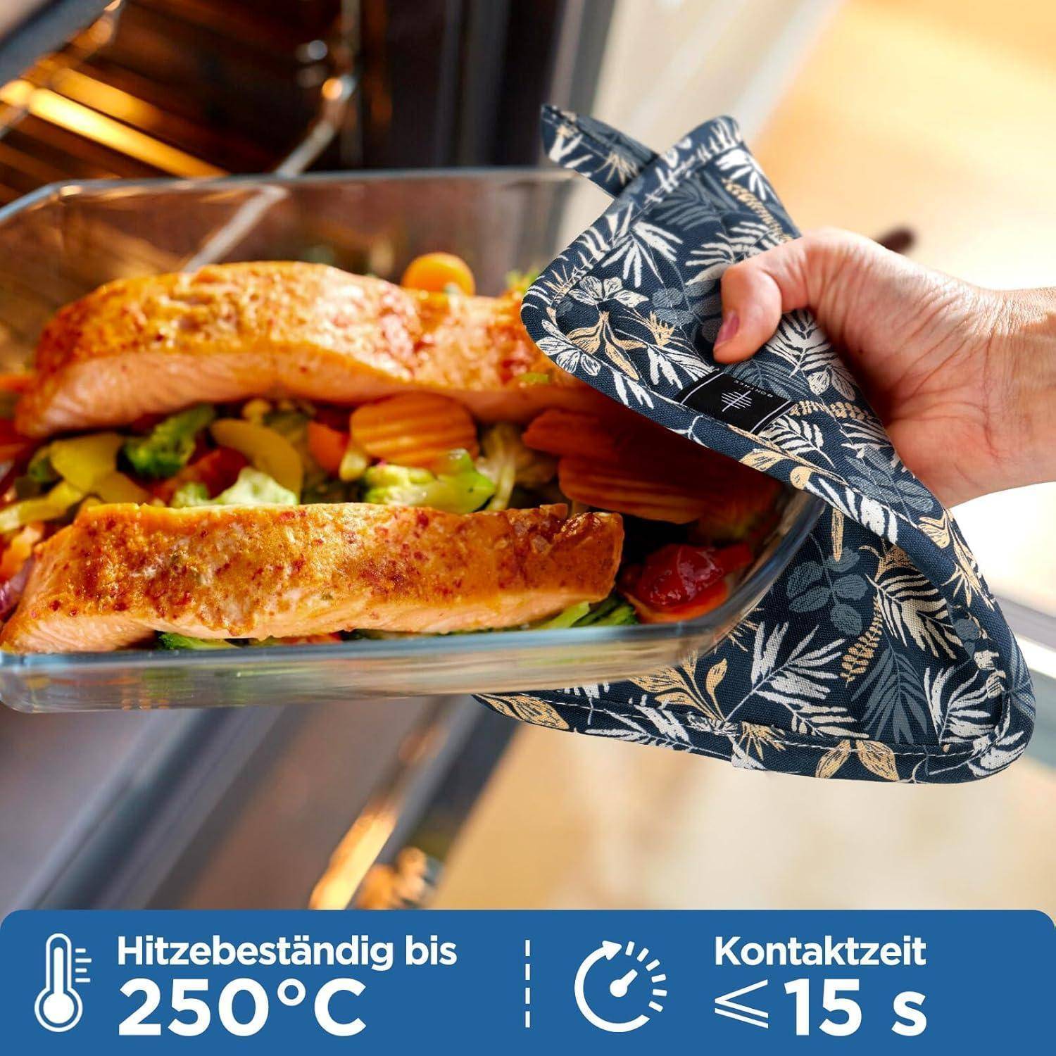 Hand mit Ofenhandschuh hält eine heiße Glaspfanne mit Lachs und Gemüse; Text sagt hitzebeständig bis 250°C und Kontaktzeit unter 15 s.