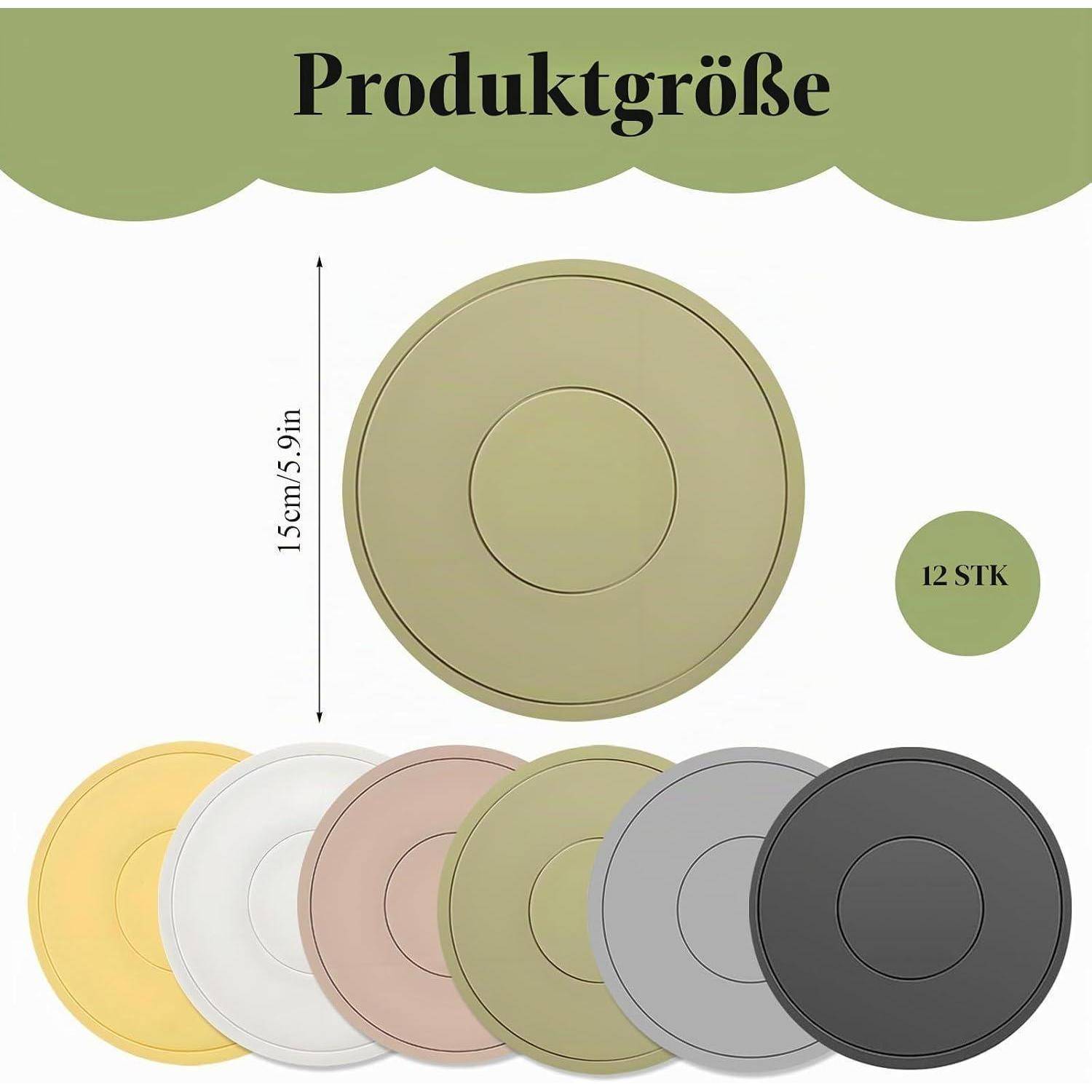 Produktgrößentabelle mit einer runden Scheibe von 15 cm (5,9 Zoll) Durchmesser, mit 12 Farboptionen darunter angezeigt.