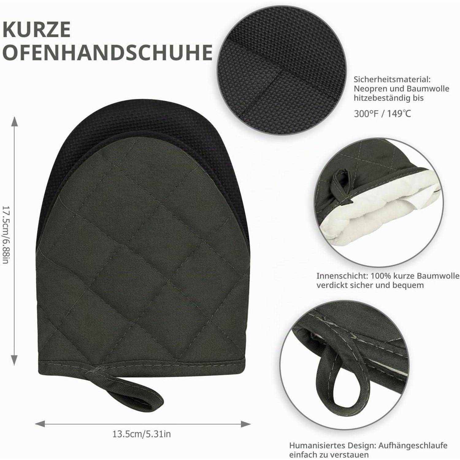 Produktgrafik eines kurzen Ofenhandschuhs mit der Bezeichnung 'KURZE OFENHANDSCHUHE', zeigt die Größe 17,5 cm x 13,5 cm, Hitzebeständigkeit 300°F/149°C, Baumwollauskleidung und Aufhängerschleife.