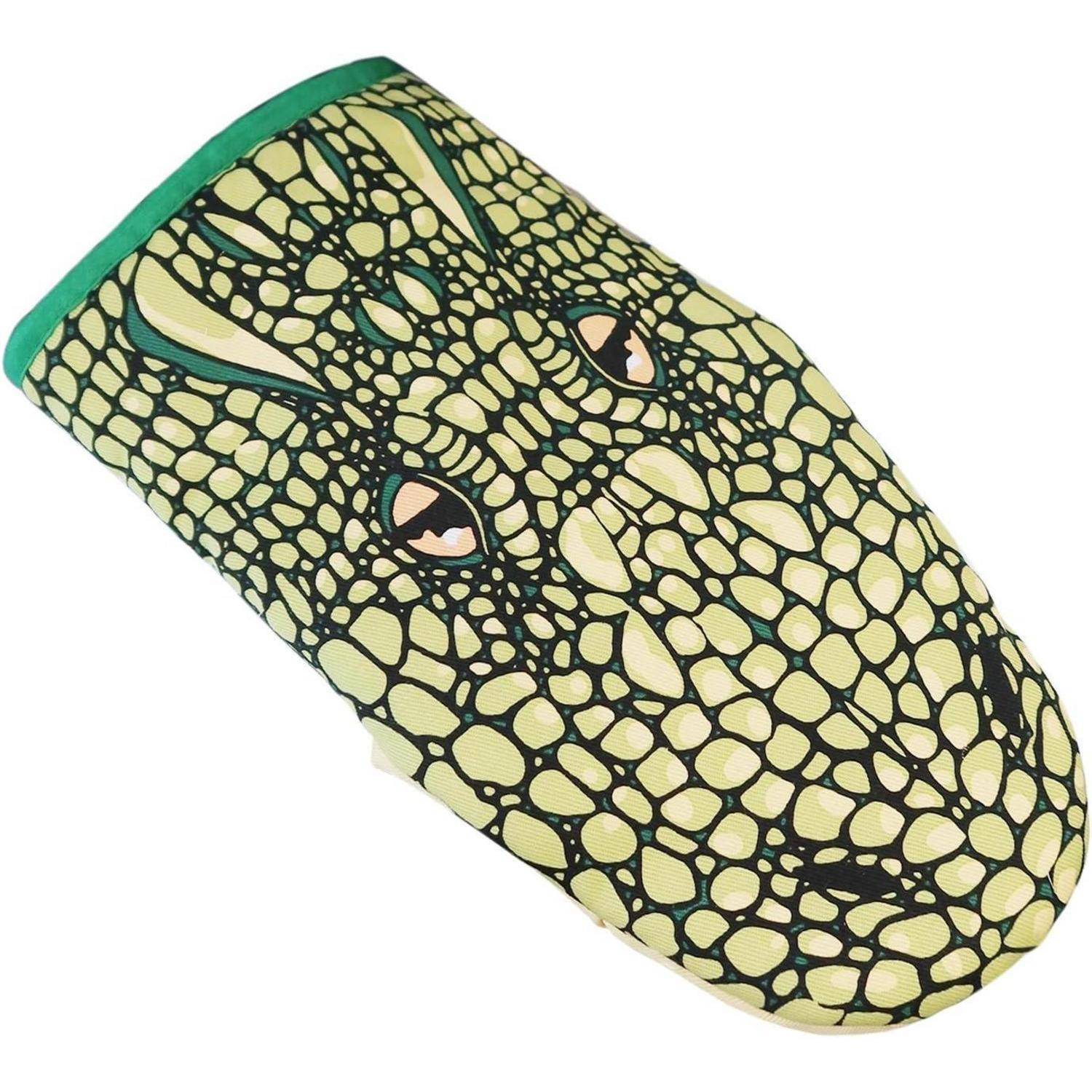 Ein grün und gelb gefärbtes reptilienthematisches Objekt in der Form eines Schlangenkopfes mit gedruckten Augen und Schuppenmuster auf weißem Hintergrund.