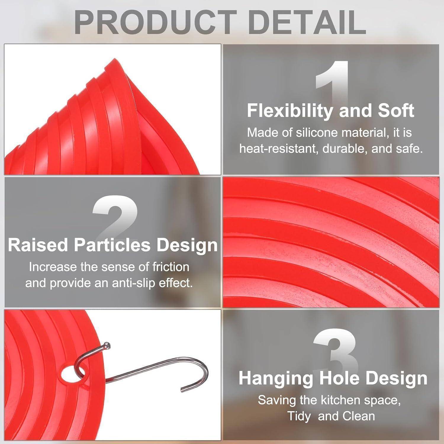 Produktdetailgrafik, die einen roten Silikonküchenartikel mit drei Funktionen zeigt: Flexibilität und Weichheit, erhöhte Antirutschpartikel und ein Aufhängeloch zur Aufbewahrung.