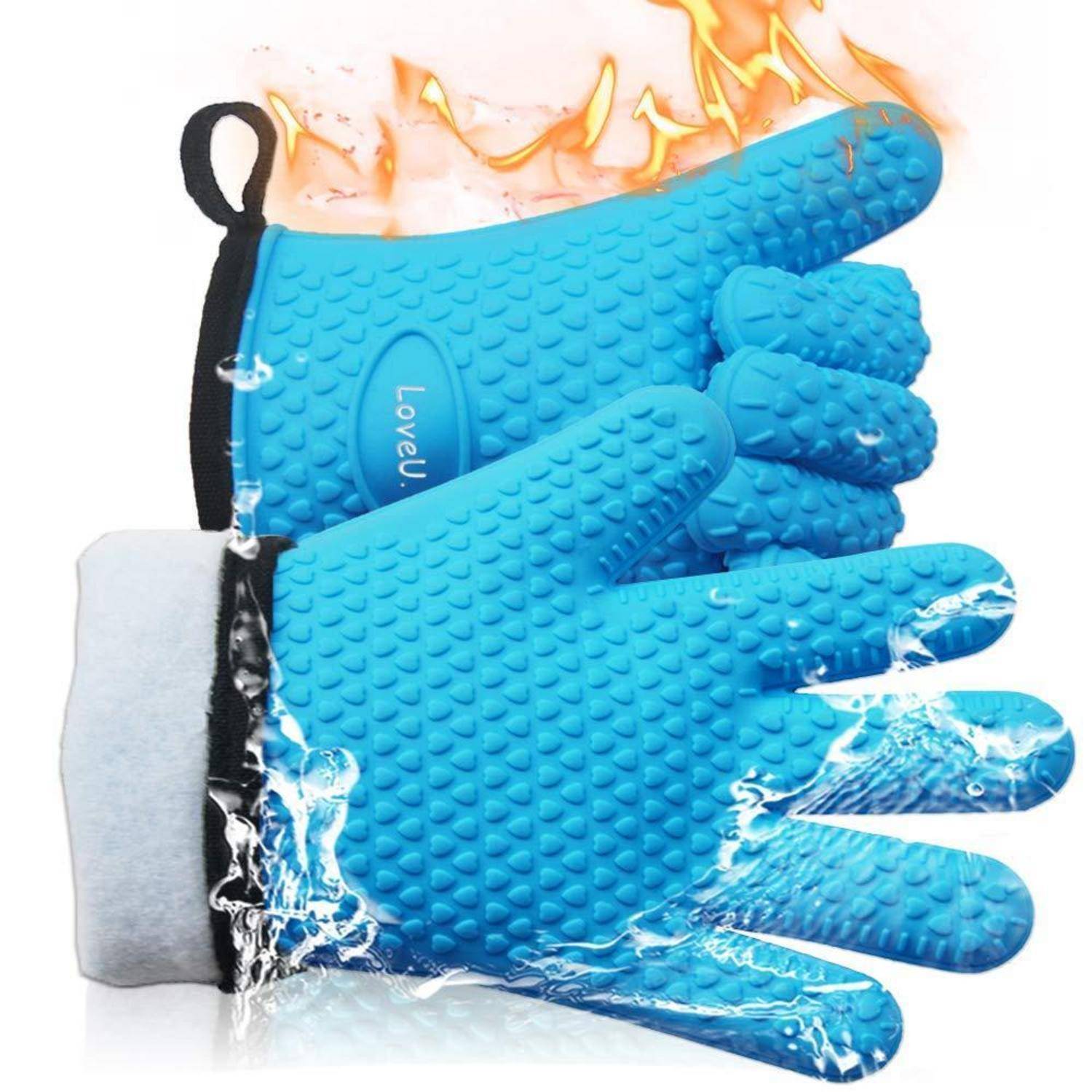 Blaue strukturierte hitzebeständige Handschuhe, oben mit Flammen und unten mit spritzende Wasser gezeigt, was den Schutz vor Hitze und Flüssigkeit demonstriert.