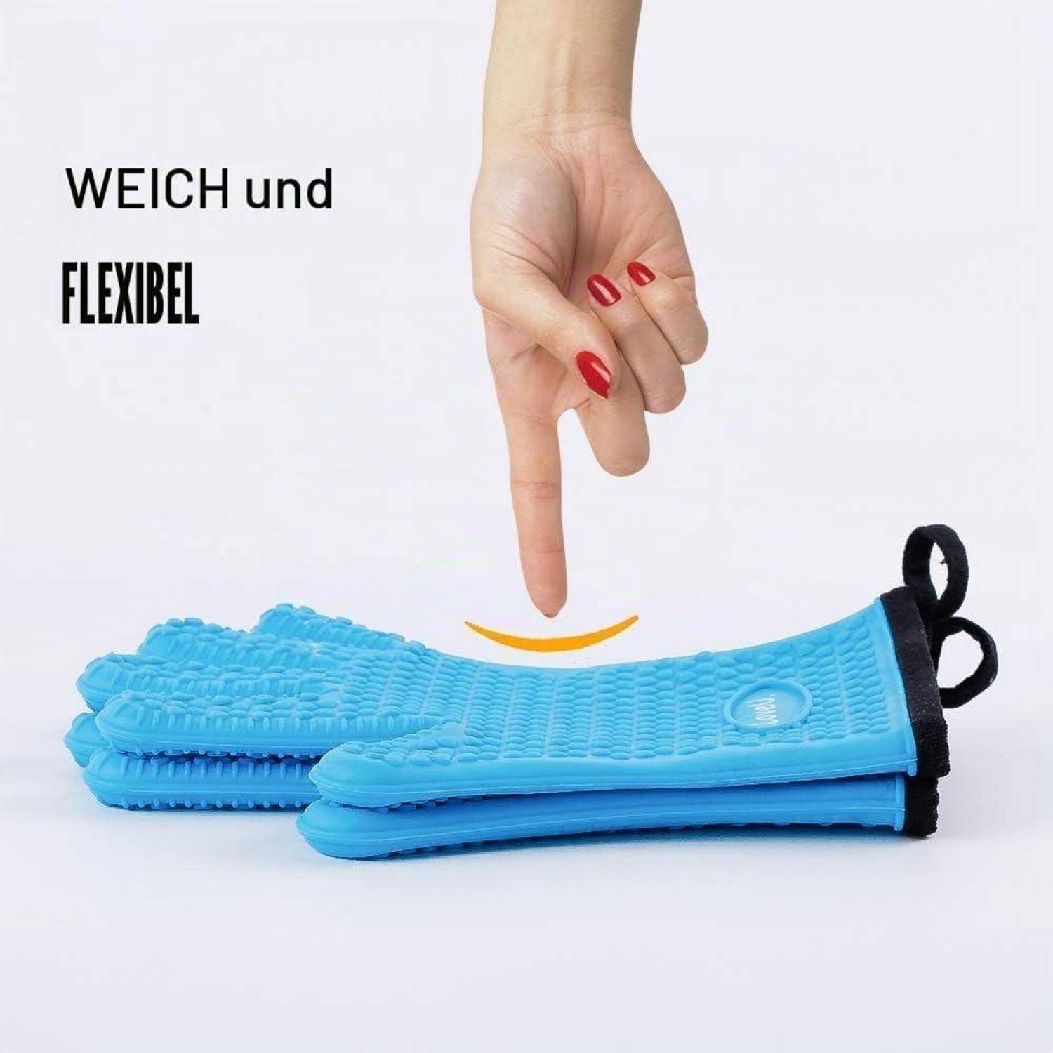 Hand deutet auf einen blauen strukturierten Handschuh mit Text „WEICH und FLEXIBEL