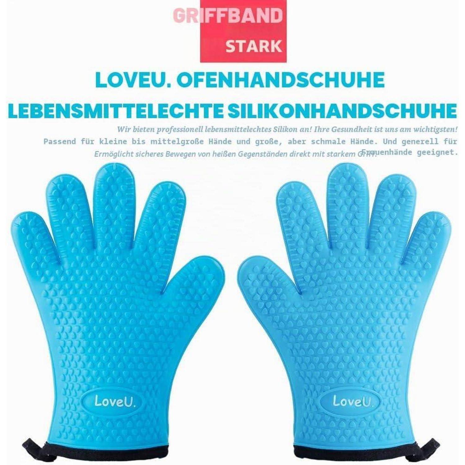 Produktbild von zwei blauen Silikon-Ofenhandschuhen mit der Bezeichnung „LoveU