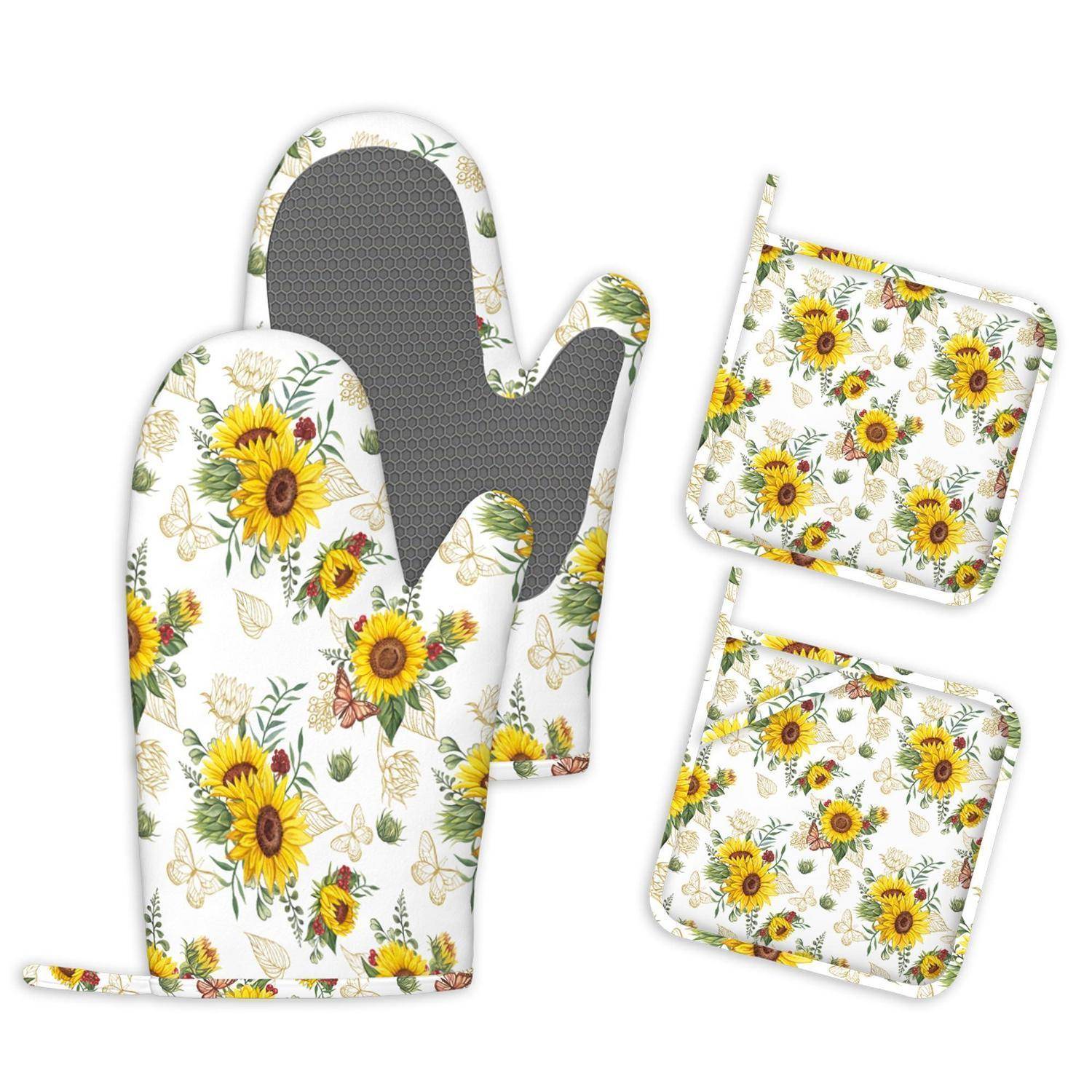 Sonnenblumen-Blumenküchenhandschuhe und passende quadratische Topflappen auf weißem Hintergrund, die hitzebeständige Küchenzubehörartikel zeigen.