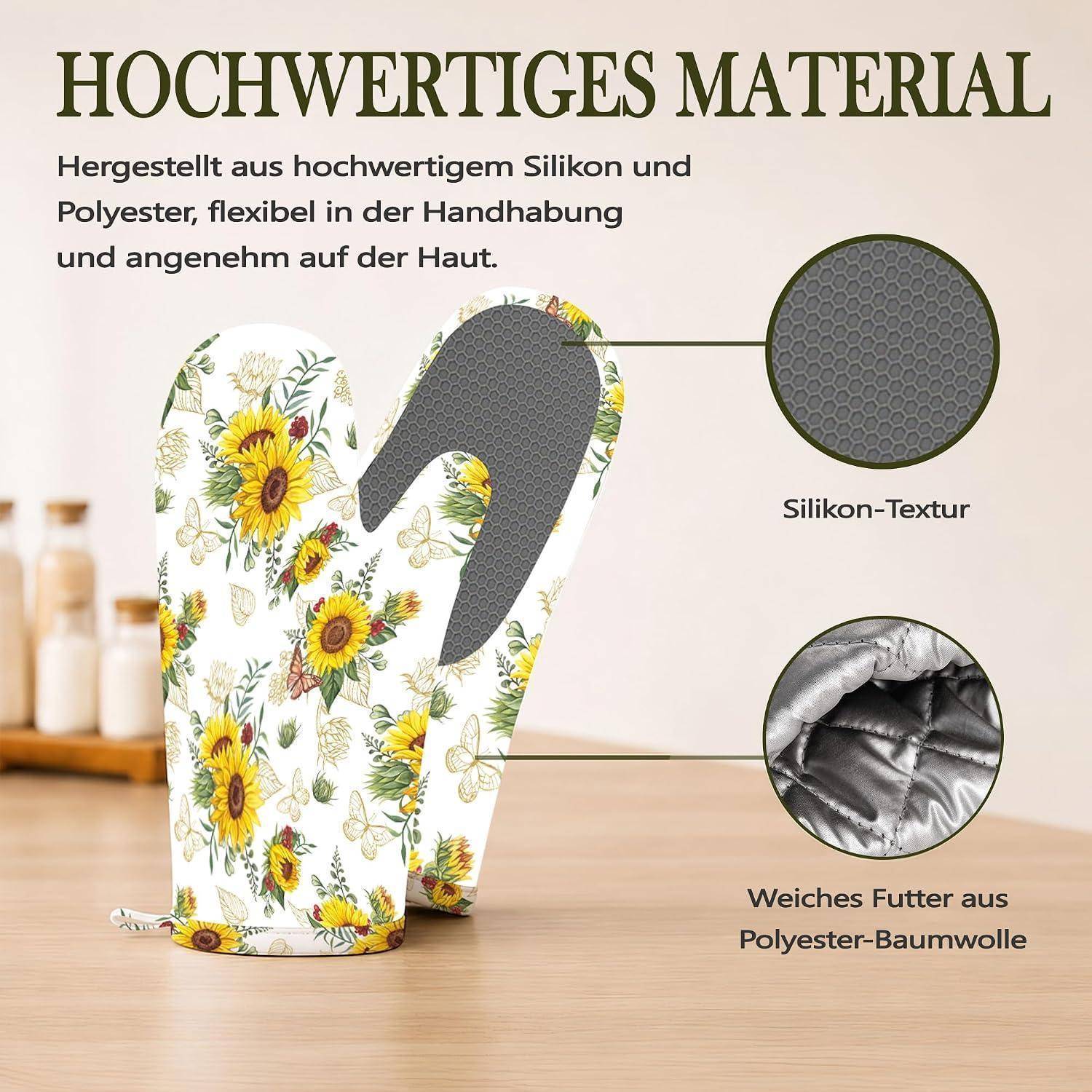 Werbegrafik eines Blumen-Ofenhandschuh-Sets mit der Bezeichnung „Hochwertiges Material