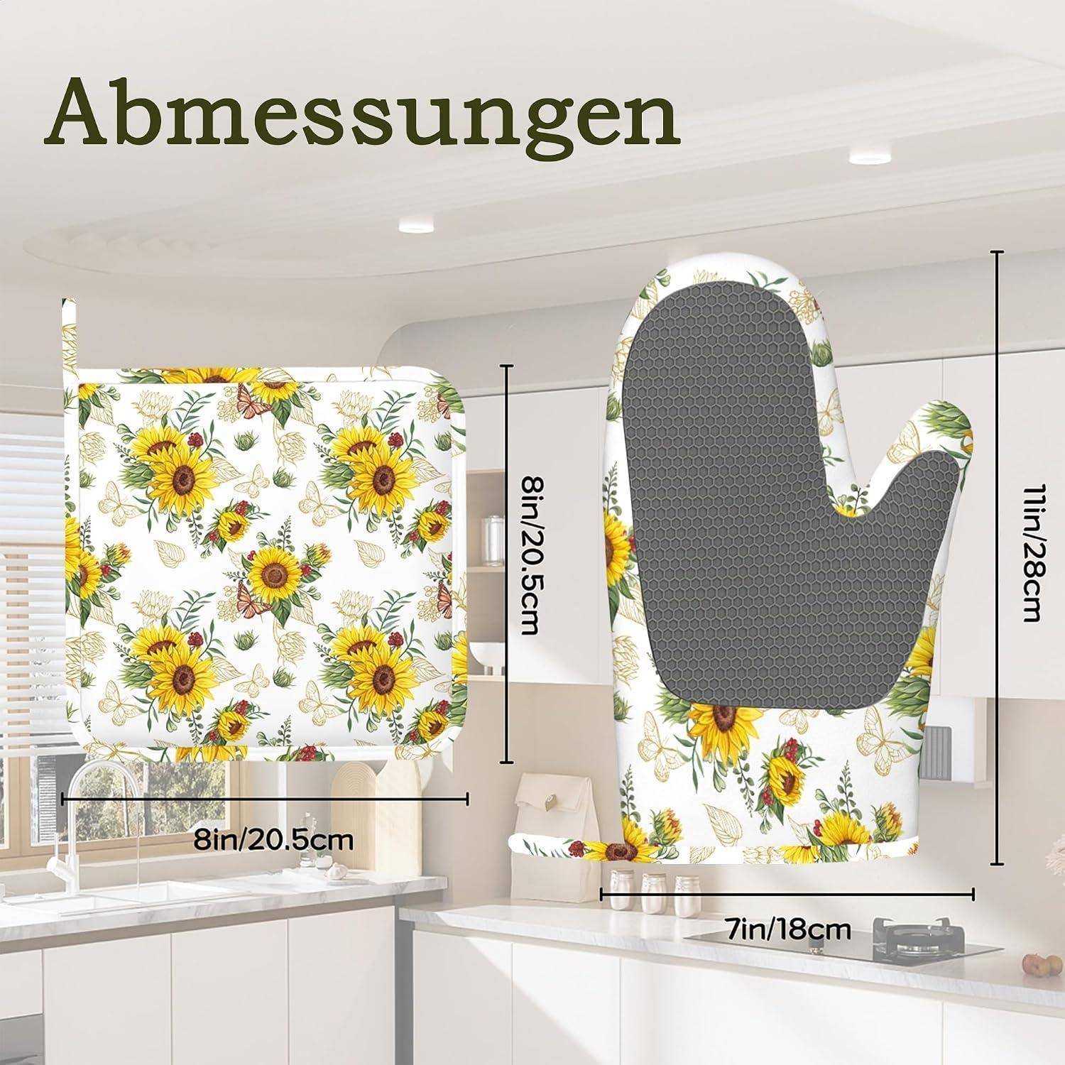 Illustrierter Größenleitfaden mit Ofenhandschuh-Abmessungen: 28 cm/11 Zoll lang und 18 cm/7 Zoll breit, sowie passender quadratischer Topfuntersetzer 20,5 cm/8 Zoll mal 20,5 cm/8 Zoll.