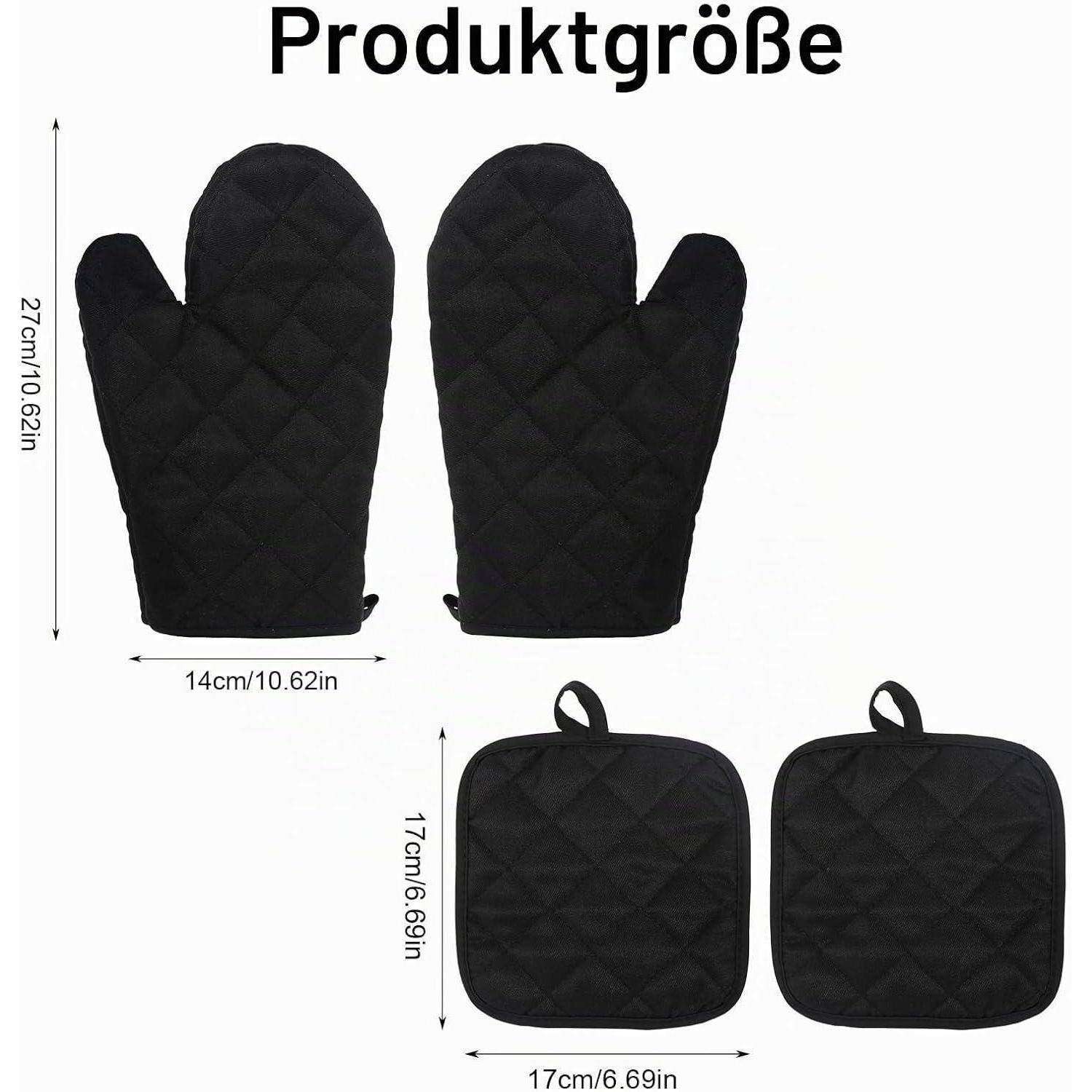 Größentabelle für Produkte mit schwarzem gestepptem Ofenhandschuh und Topflappen: Handschuh 27 cm hoch × 14 cm breit; Pad 17 cm × 17 cm.