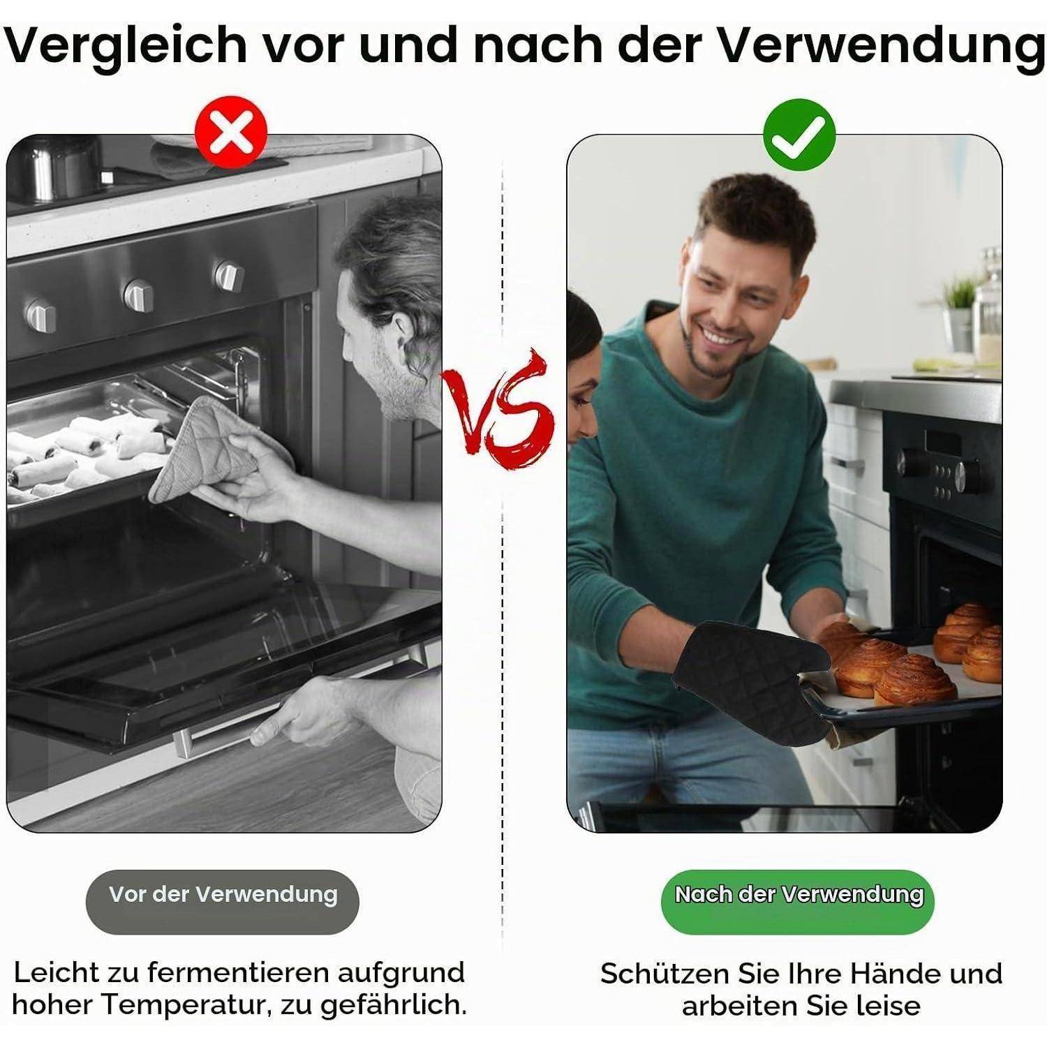 Vergleich der Ofennutzung vorher und nachher: Links wird unsicheres, ungeschütztes Handling von heißem Essen mit bloßen Händen gezeigt, rechts zeigt sichere Verwendung von Ofenhandschuhen mit geschützten Händen.