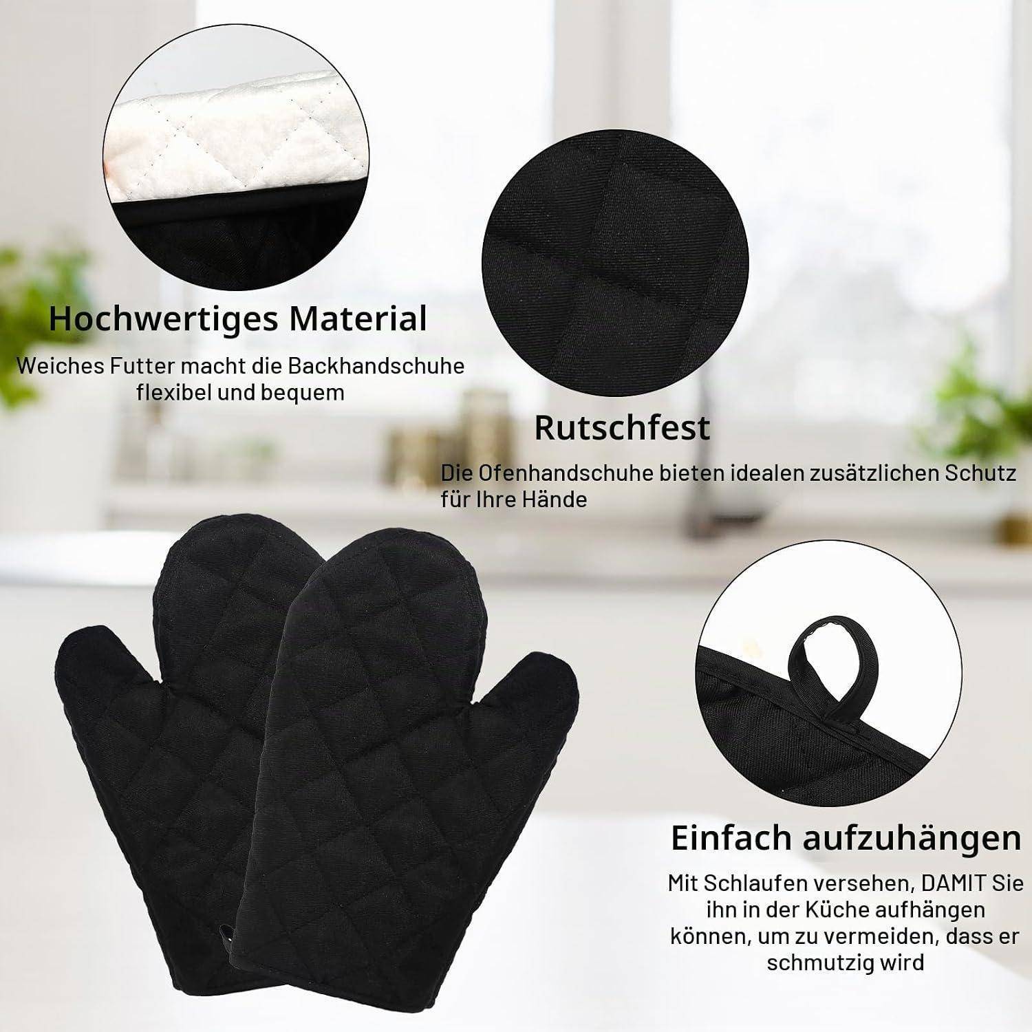 # Schwarze Ofenhandschuhe mit gestepptem Polster, gezeigt mit Nahaufnahmen, die weiches Futter, rutschfestes Material und Aufhängeschlaufe hervorheben; deutsche Textetiketten kennzeichnen die Merkmale.