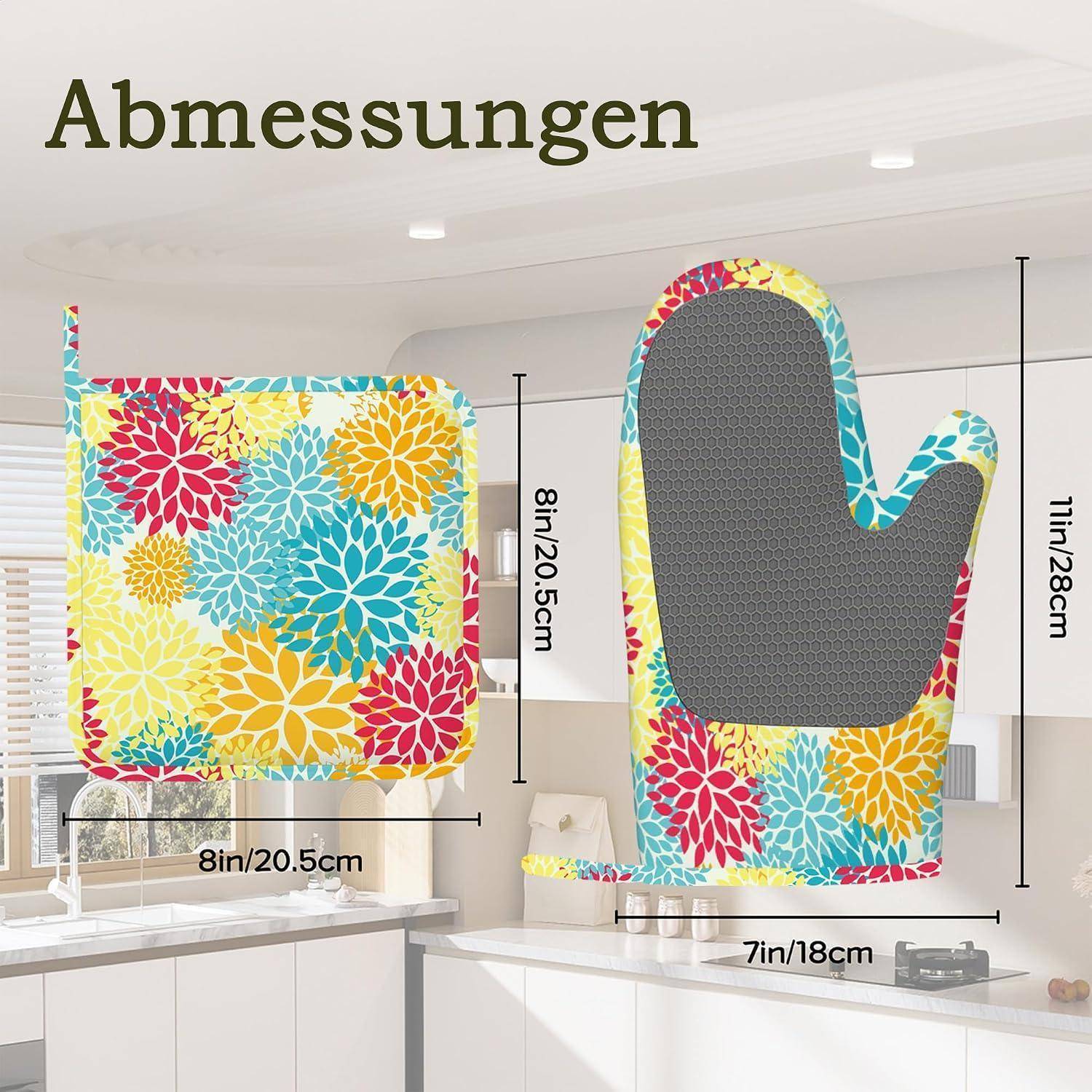 Diagramm der Küchenhandschuh-Abmessungen mit Vorder- und Rückansicht, beschriftet mit 8x8 Zoll (20,5 cm) und 7x11 Zoll (18x28 cm).