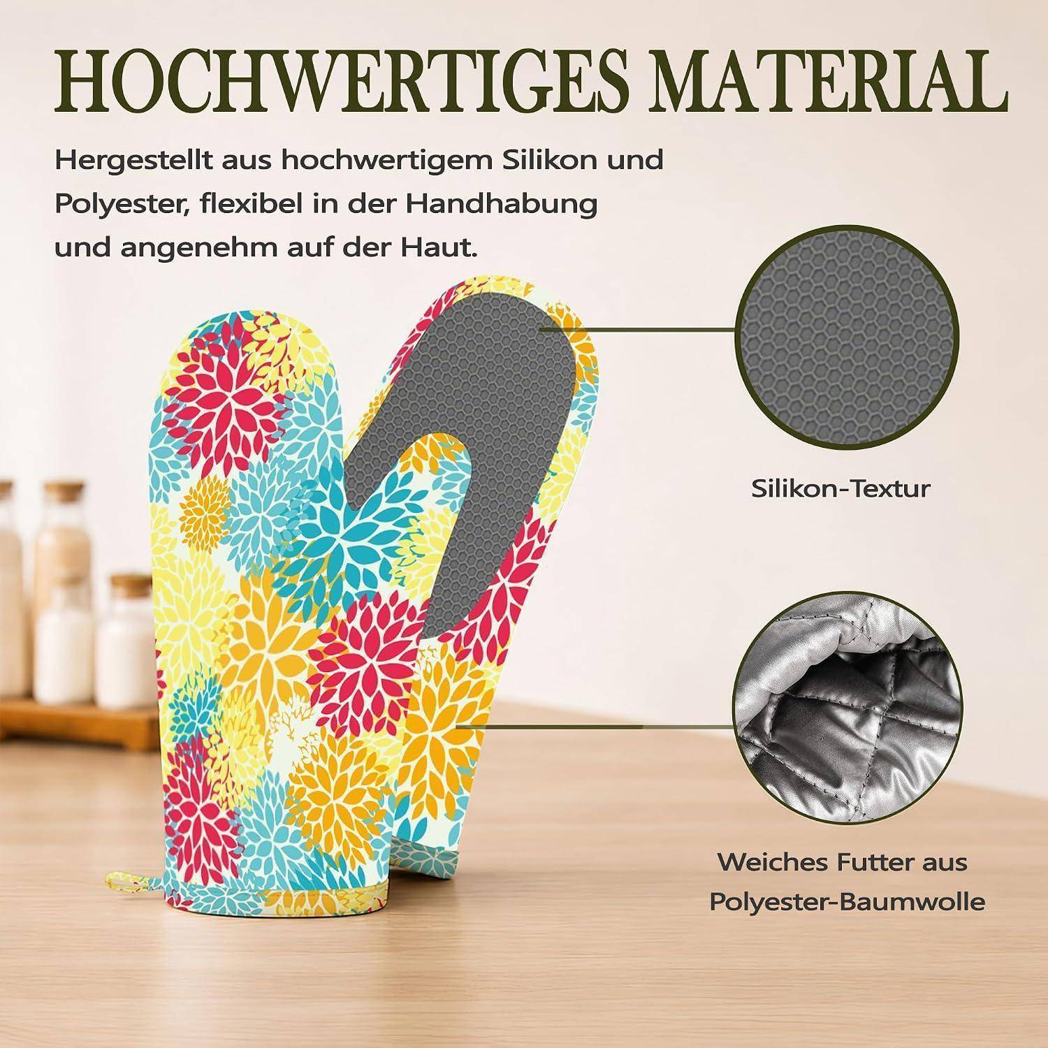 Bunte Silikon-Ofenhandschuhe mit Polyester-Baumwoll-Futter, gezeigt mit Nahaufnahmen der Silikonstruktur und des weichen inneren Futters; Deutscher Text hebt hochwertige Materialien und Flexibilität hervor.