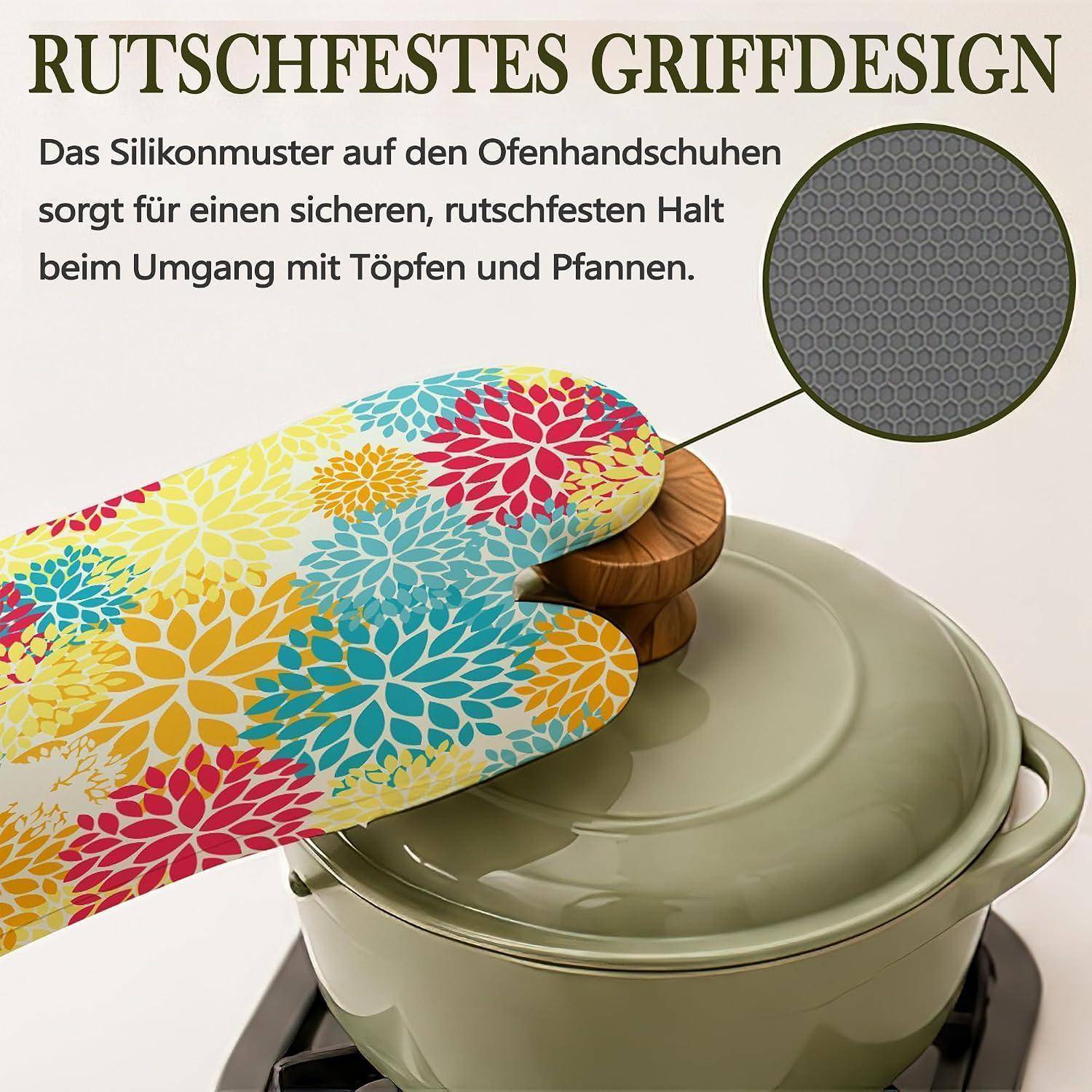 Farbige Ofenhandschuhe greifen einen bedeckten Topf; eine Vergrößerung zeigt das Silikonmuster. Der deutsche Text sagt „Rutschfestes Griffdesign