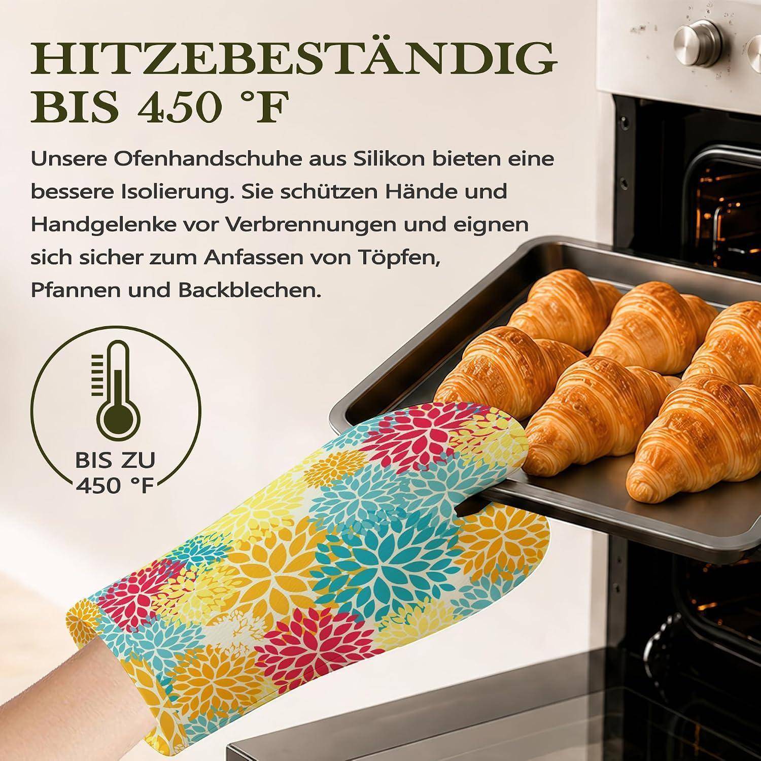 Werbung für Silikon-Ofenhandschuhe mit Wärmeschutz bis 450°F, mit einer Hand, die ein heißes Backblech mit Croissants aus dem Ofen hält.
