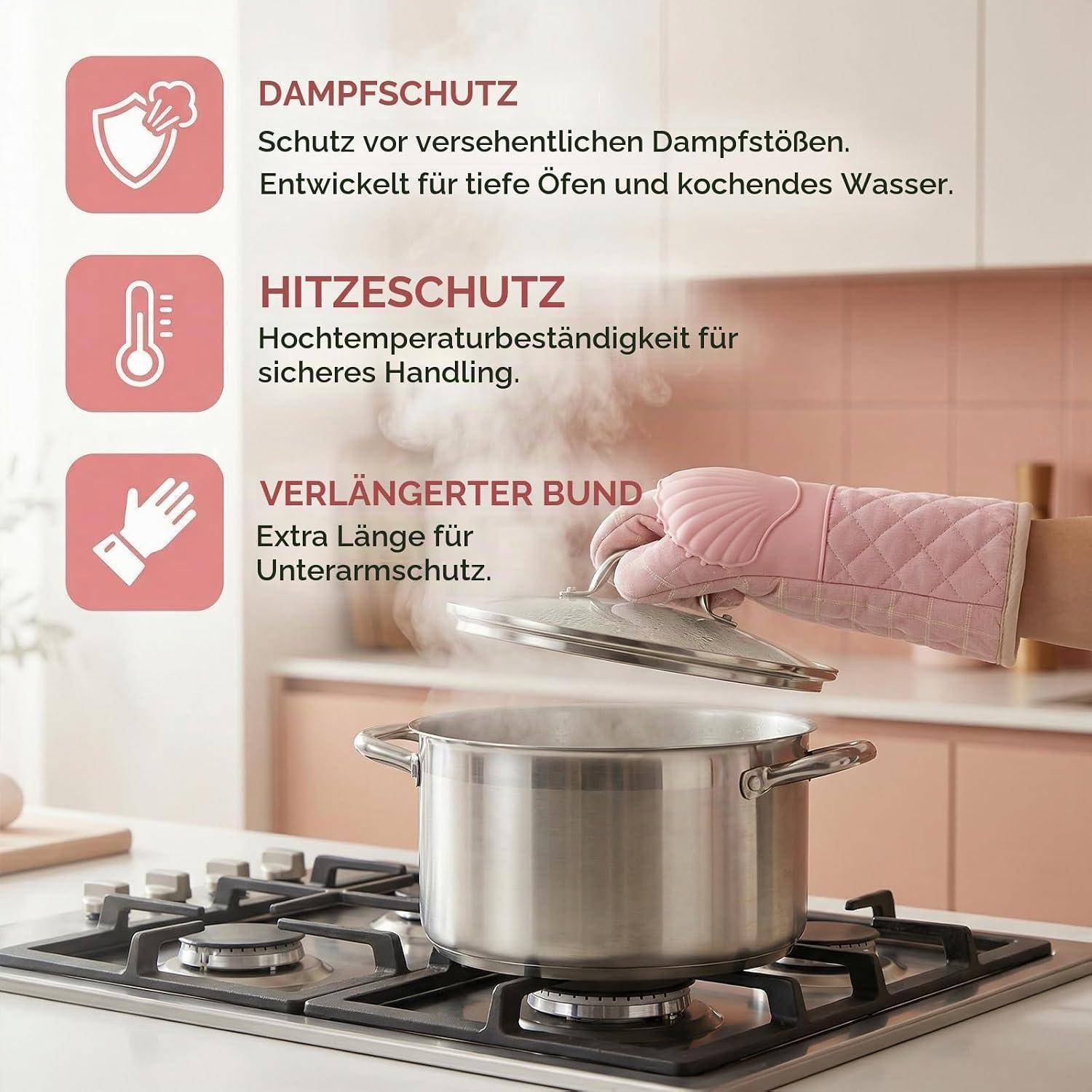 Bild eines rosa Ofenhandschuhs, der einen dampfenden Topfdeckel auf einem Kochfeld anhebt, mit deutschen Beschriftungen für Dampfschutz, Hitzebeständigkeit und verlängertem Bündchen.