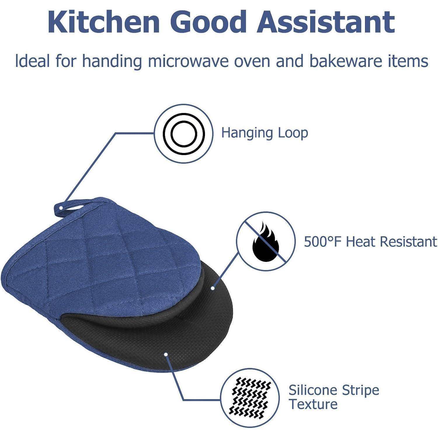 Produktbild eines blauen gesteppten Küchen-Ofenhandschuhs mit der Bezeichnung „Kitchen Good Assistant
