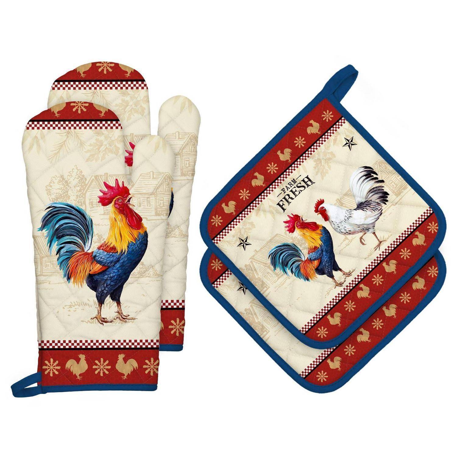 Hahn-Ofenhandschuh und passendes Topflappen-Set mit rotem, blauem und cremefarbenem gestepptem Landhaus-Stil-Muster.