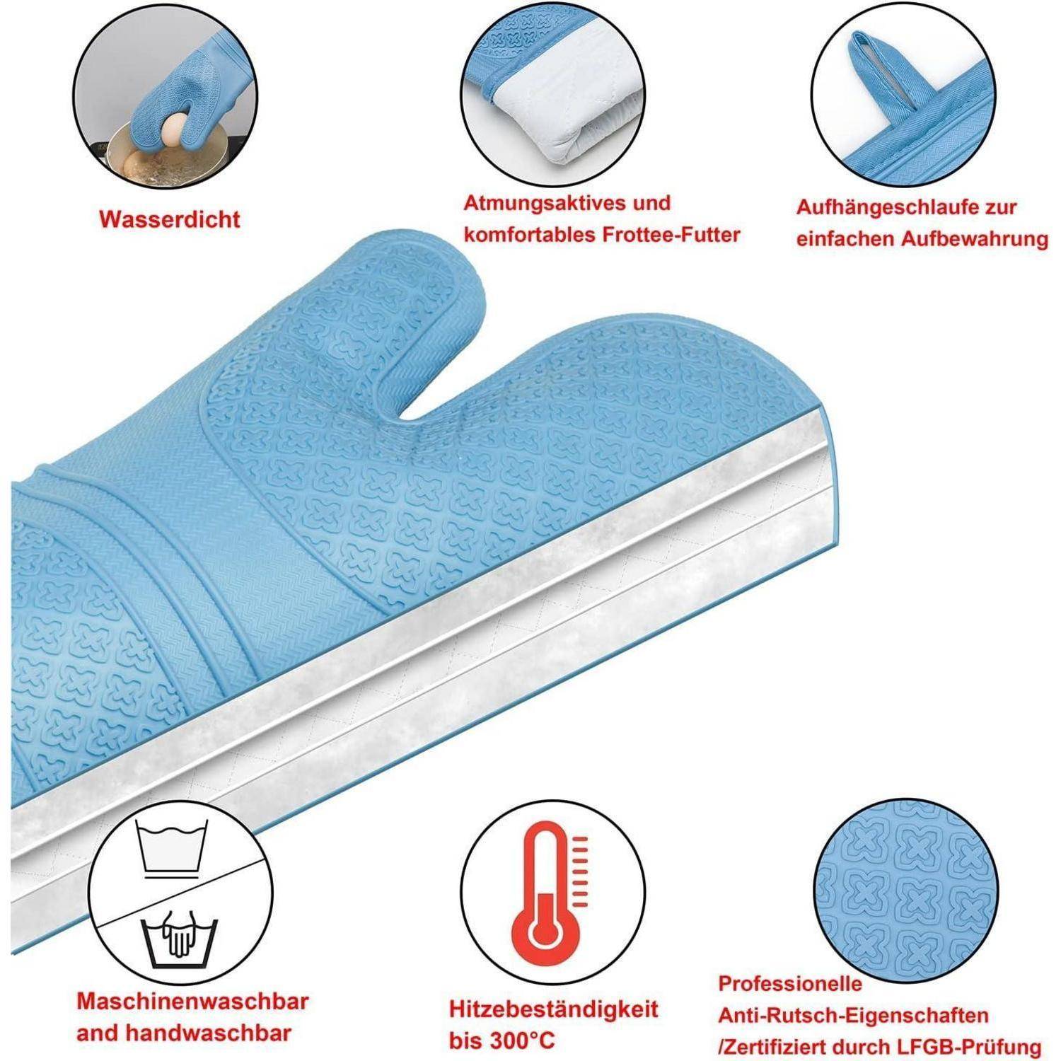 Illustration einer blauen Ofenhandschuh mit Beschriftungen, die wasserdicht, atmungsaktive Frotteeauskleidung, Aufhängeschlaufe, maschinenwäschbar bis 300°C, hitzebeständig und professionelle rutschfeste Griffigkeit hervorheben.