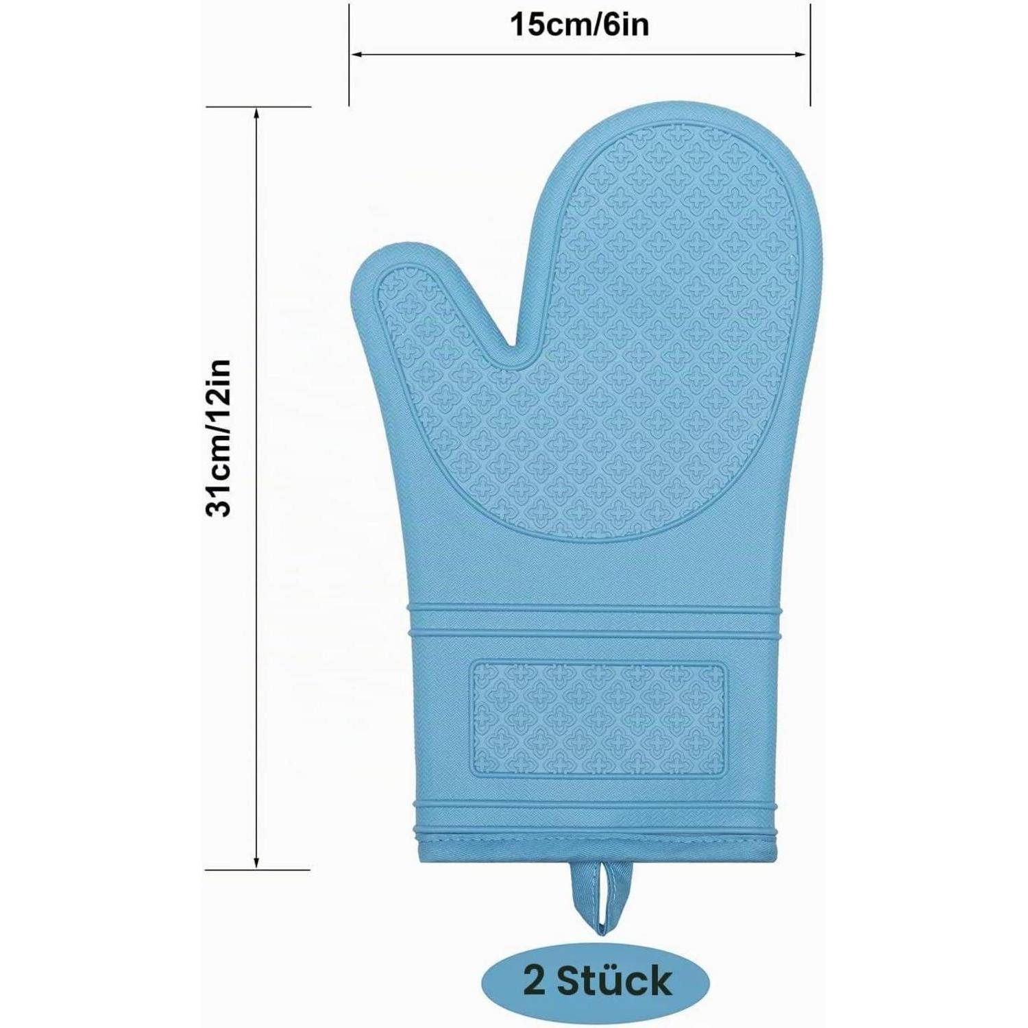 Blaue Ofenhandschuhe mit Einfinger-Design, dargestellt mit Abmessungen von 31 cm Höhe und 15 cm Breite; beschriftet mit „2 Stück