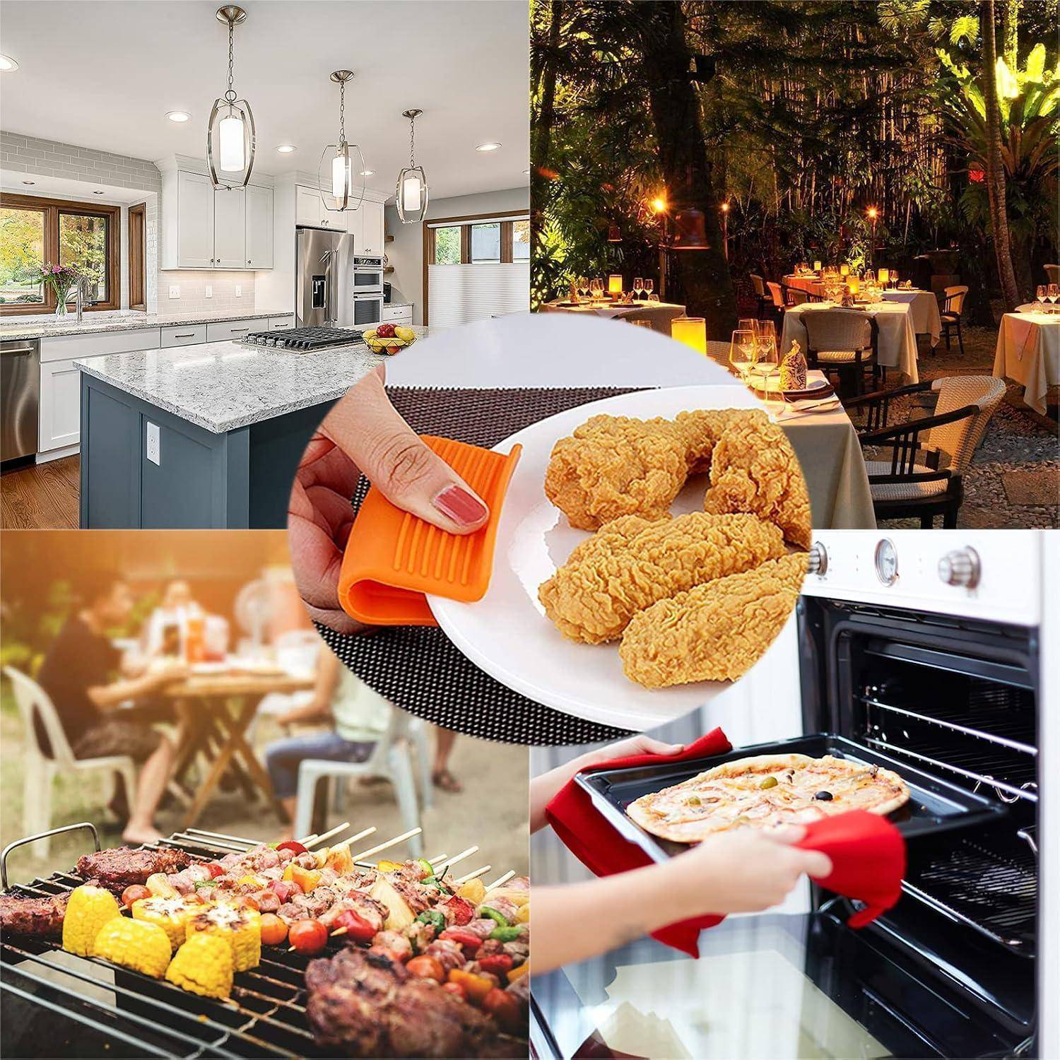 Collage von Mahlzeitenzubereitung und Speisen: eine moderne Küche, Außenbestuhlung eines Restaurants, gegrillte Spieße, eine Hand, die gebratenes Huhn auf einen Teller legt, und Pizza in einem Ofen.