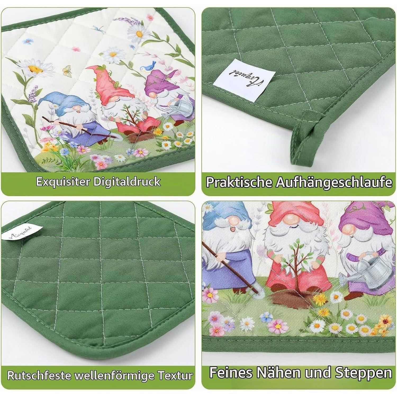 Vierteiliges Produktbild eines grünen gesteppten Ofenhandschuhs/Topflappens mit buntem Gartenzwerg-Druck, Aufhängeschlaufe, rutschfestem Bezug und gesäumten Kanten.