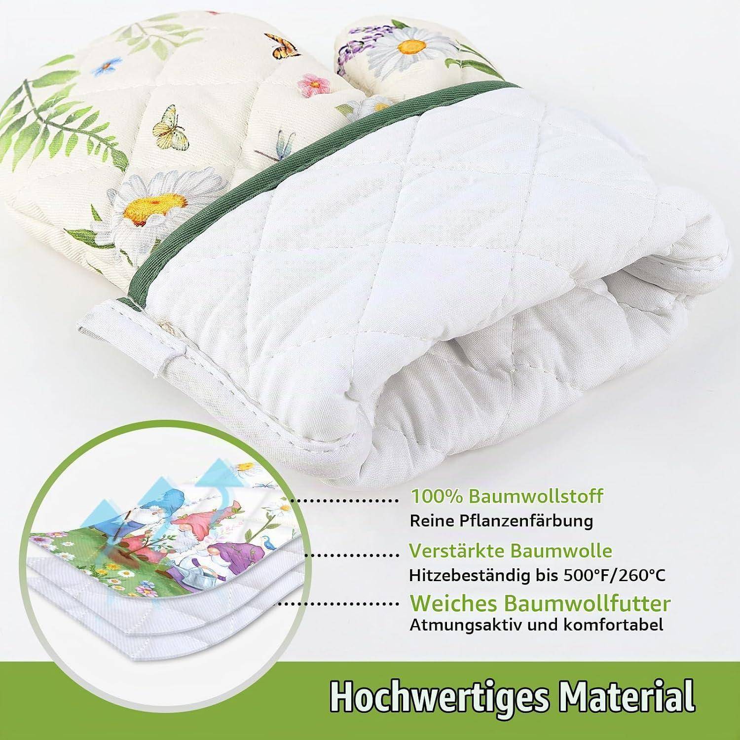 Werbebild eines gesteppten weißen Kissens oder einer Bettdecke mit blumiger Baumwollfüllung, auf Deutsch als 'Hochwertiges Material' gekennzeichnet und mit Hervorhebung von 100% Baumwolle und Wärmefestigkeit.