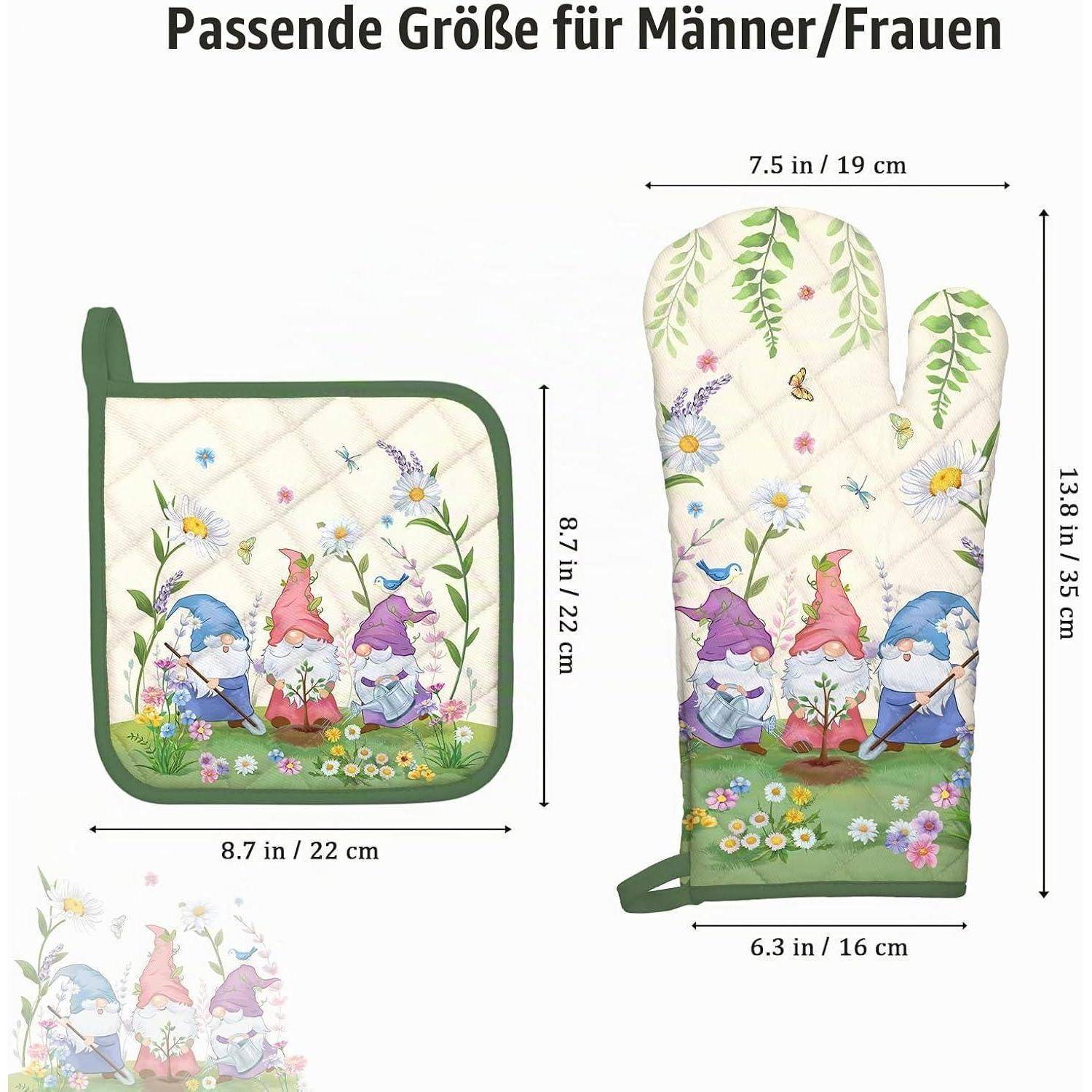 Größentabelle für ein gestepptes Ofenhandschuh-Set: quadratischer Topflappen 8,7 x 8,7 Zoll und Handschuh 13,8 x 7,5 Zoll, gekennzeichnet als „Passende Größe für Männer/Frauen