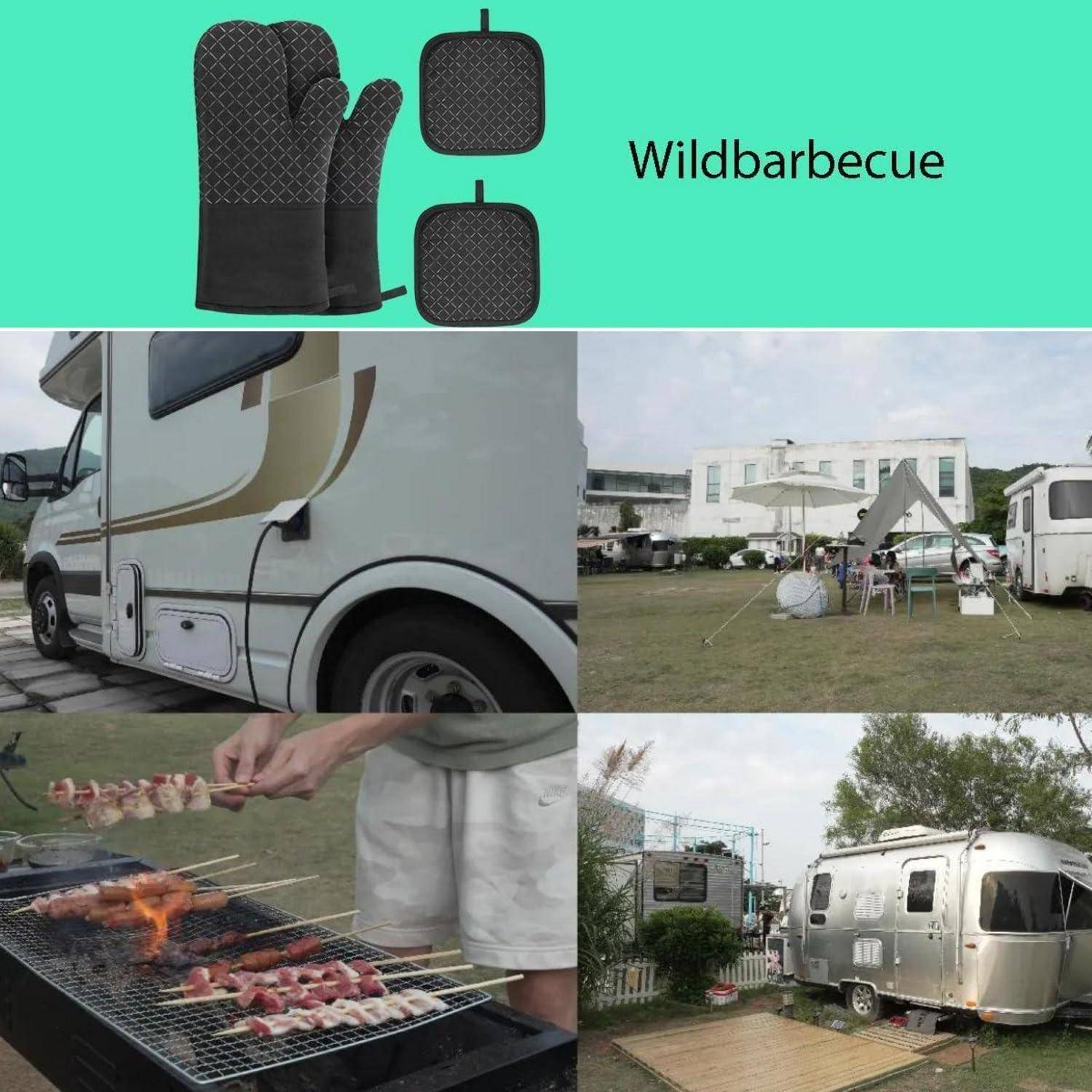 Wildbarbecue Camping-Grillset gezeigt mit Ofenhandschuh, Topflappen, Wohnmobilen, Outdoor-Campingplatz und Person, die Spieße auf einem tragbaren Grill grillt.