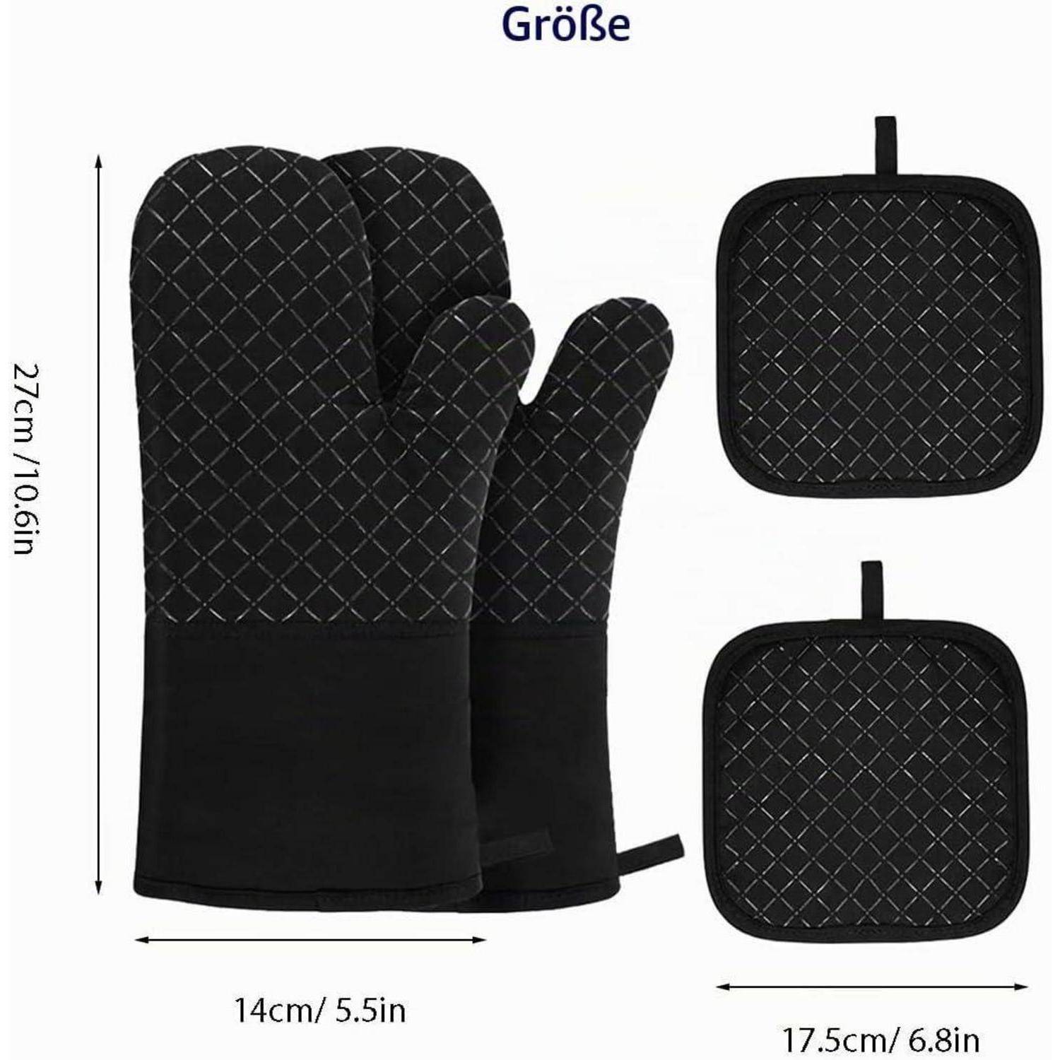 Größendiagramm für eine schwarze gesteppte Ofenhandschuh: 27 cm groß, 14 cm breit, mit passenden quadratischen Topflappen von je 17,5 cm.