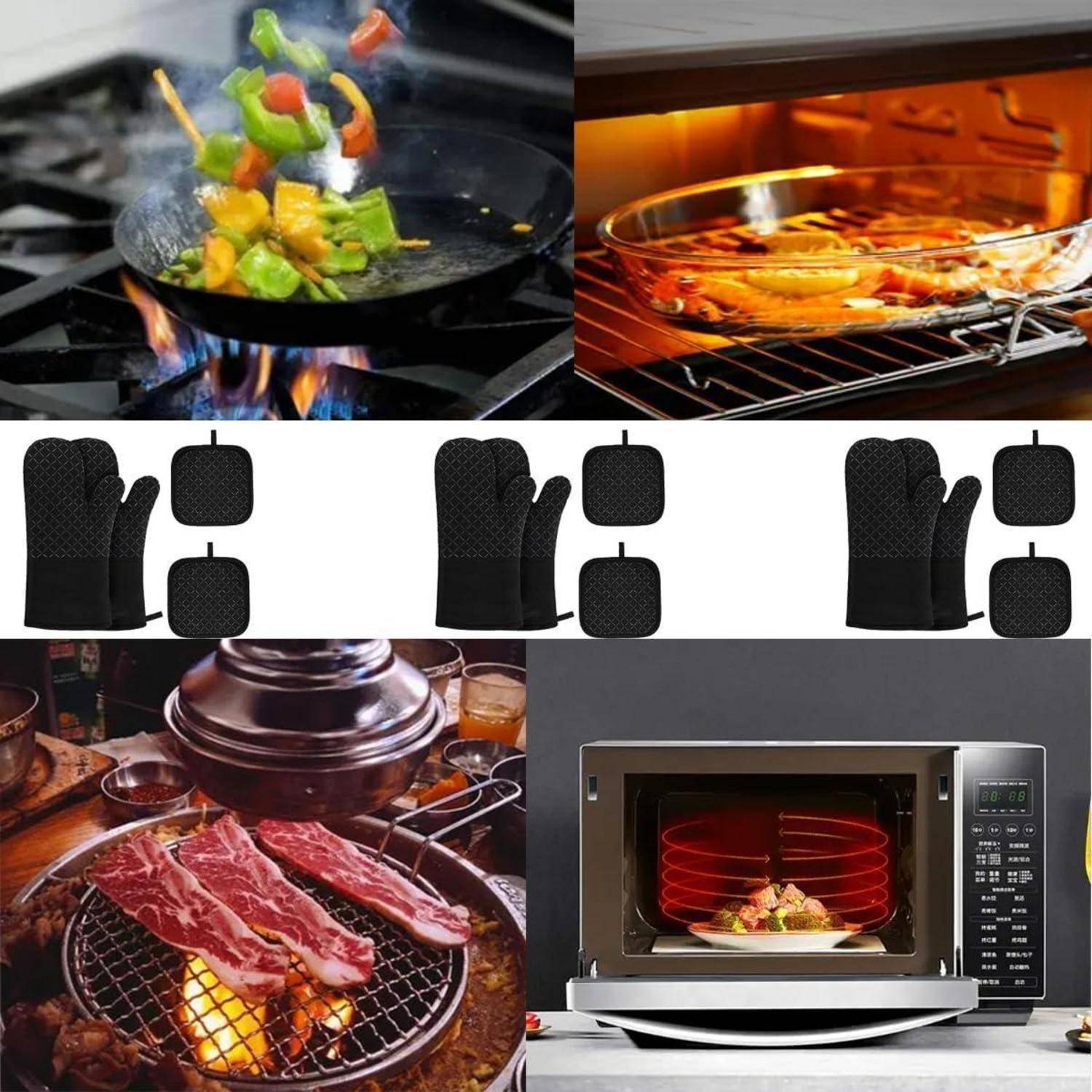 Collage von Küchenszenen, die Ofenhandschuhe und Topflappen zeigen, plus ein Wok auf einer Gasflamme, eine Auflaufform in einem Ofen, gegrilltes Fleisch und ein Mikrowellenherd mit Speisen.