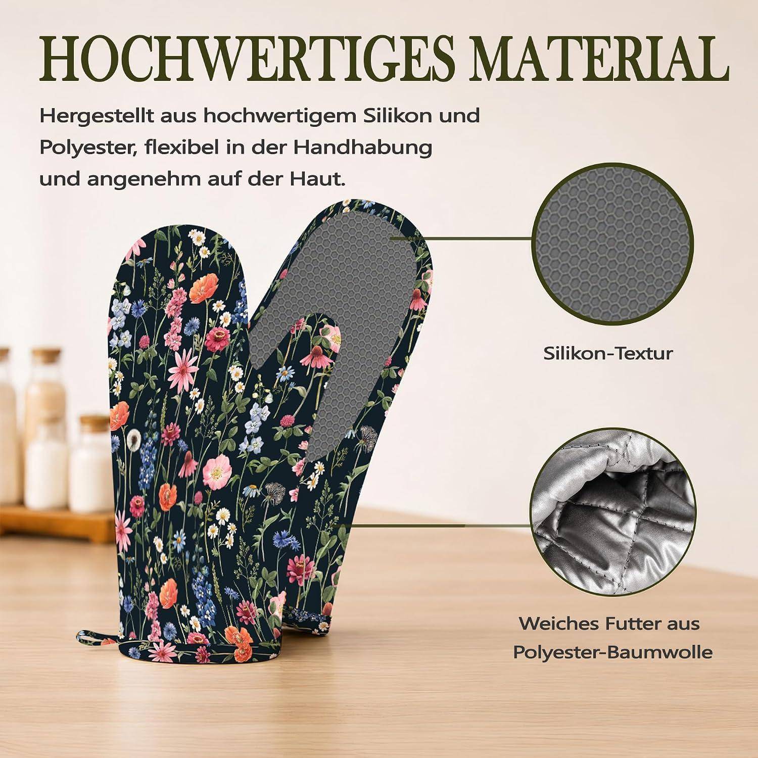 4er-Set Ofenhandschuhe & Topflappen Blumenmuster Silikon Hitzebeständig Rutschfest