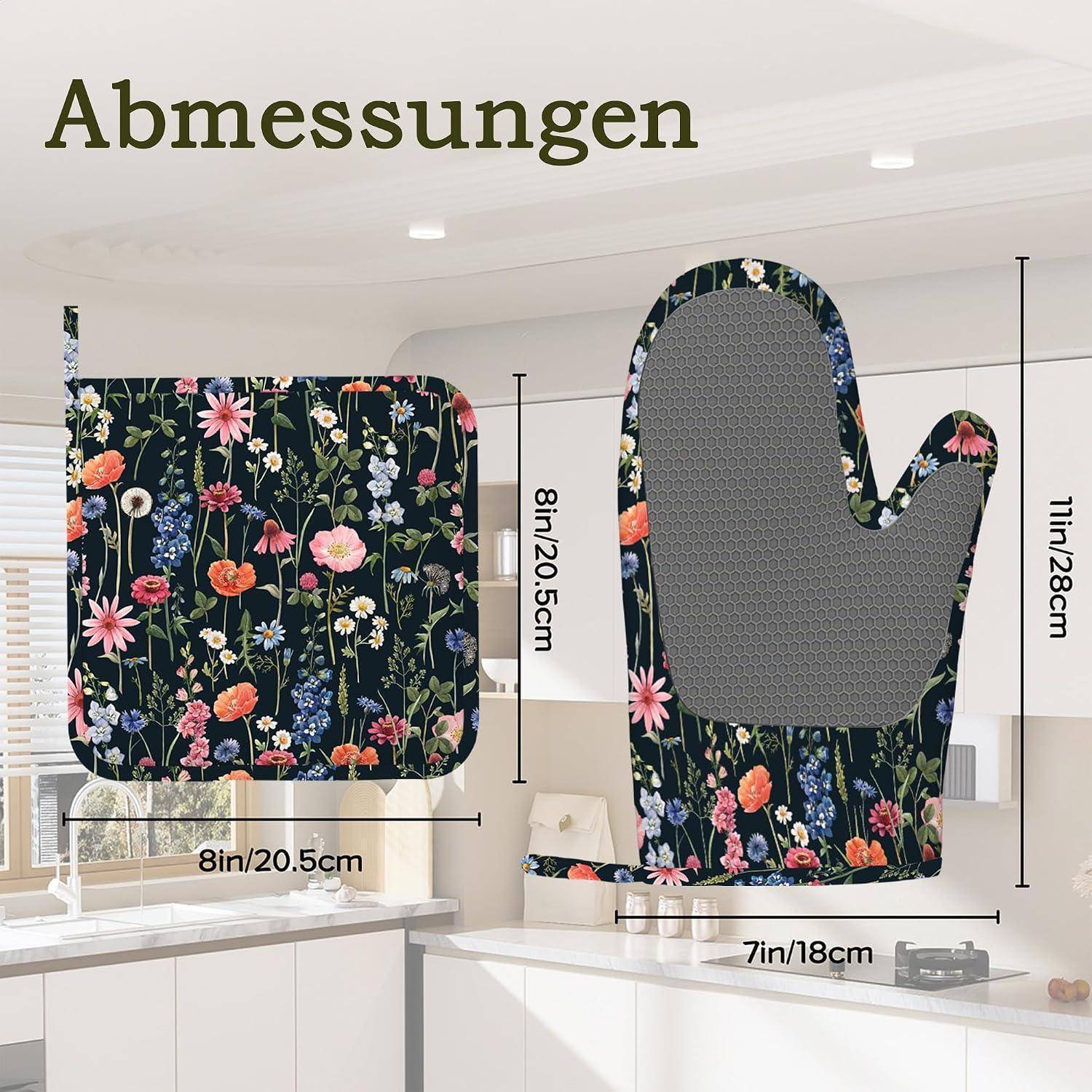 Größentabelle für Blumen-Ofenhandschuh und quadratischen Topfuntersetzer mit Maßen 8 Zoll/20,5 cm x 8 Zoll/20,5 cm und Handschuh 11 Zoll/28 cm x 7 Zoll/18 cm.
