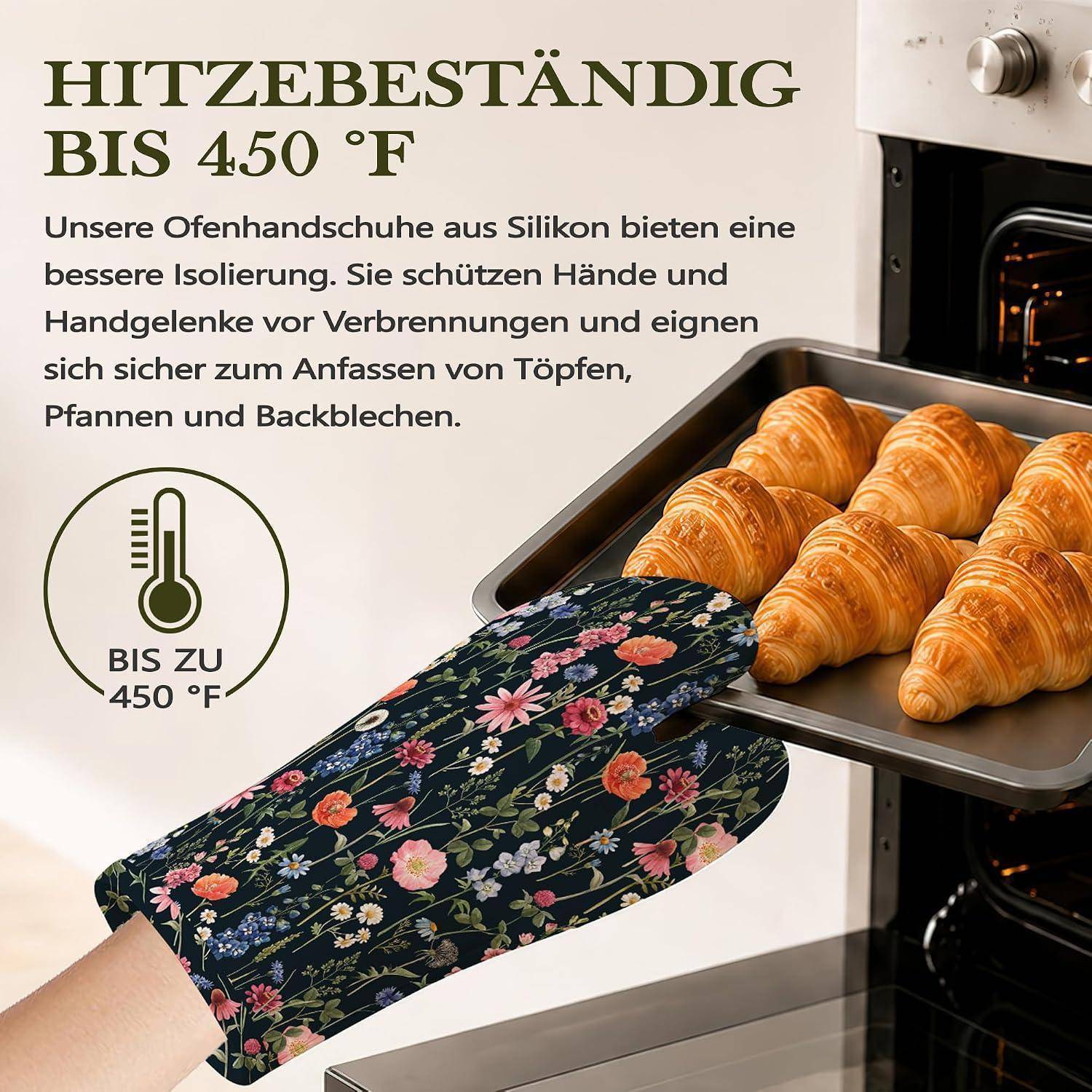 Silikonofenhandschuh hält ein heißes Backblech mit Croissants, wirbt für Hitzebeständigkeit bis 450°F und Schutz vor Verbrennungen.