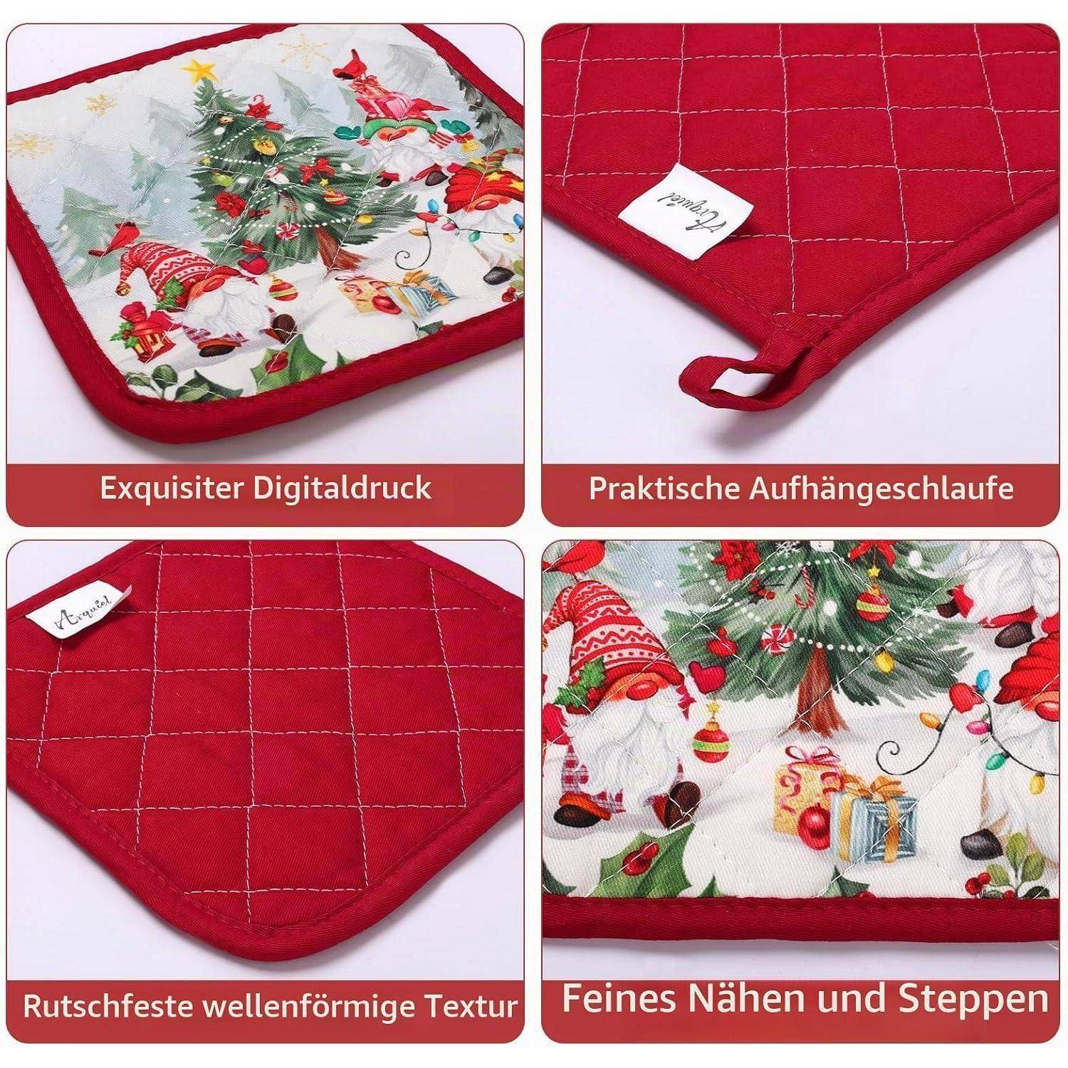 Kollage einer roten Weihnachts-Fussmatte mit gestepptem Design, bedrucktem Feiertagsmotiv, Aufhängeschlaufe, rutschfester Wellentextur und sauberen Nähten.