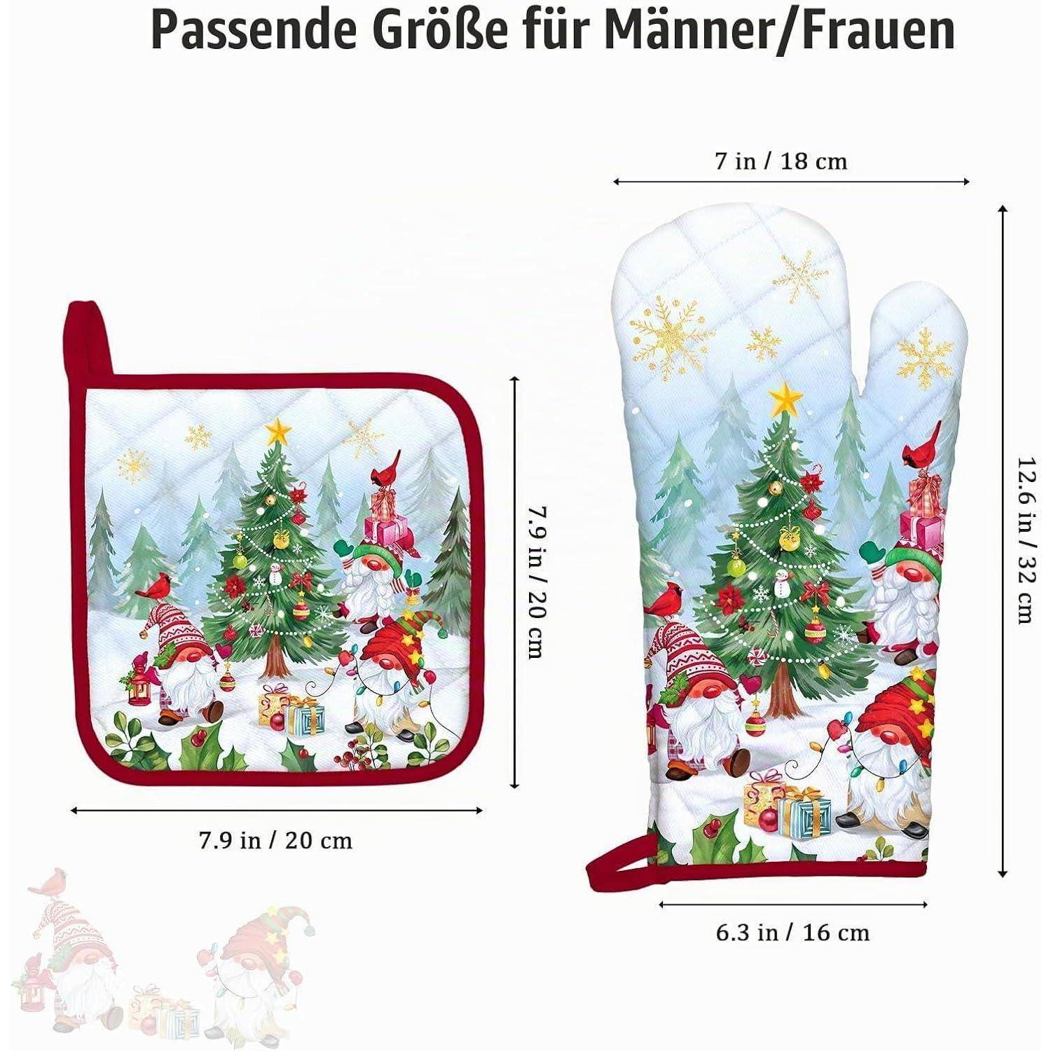 Produktgrößenleitfaden für ein Weihnachts-Ofenhandschuh- und Topflappen-Set, mit Handschuh und quadratischem Halter mit Abmessungen in Zoll und Zentimetern.