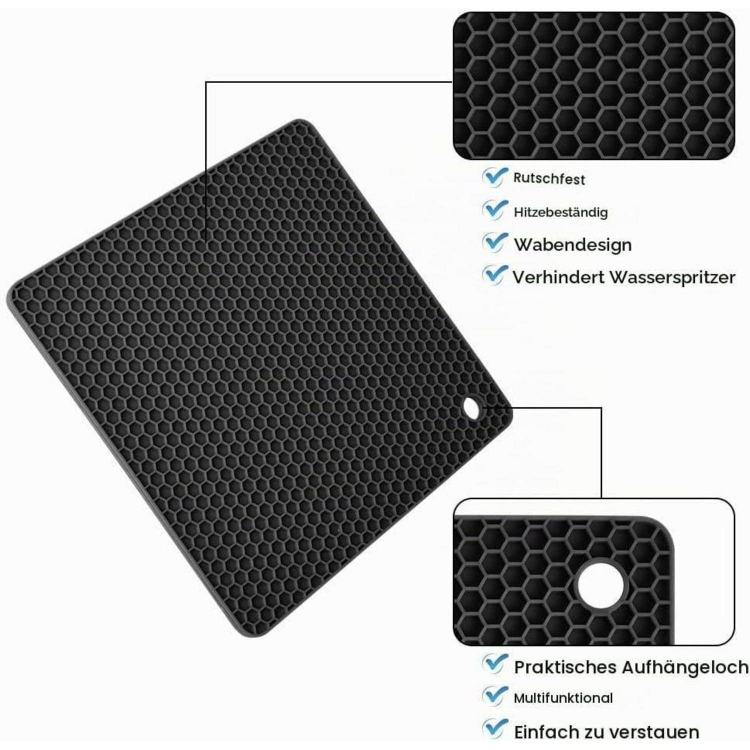 Schwarze Silikon-Matte mit Sechskantmuster und Aufhängeloch, mit vergrößertem Detail und deutscher Funktionsliste gezeigt: rutschfest, hitzebeständig, verhindert Spritzer, einfache Lagerung.