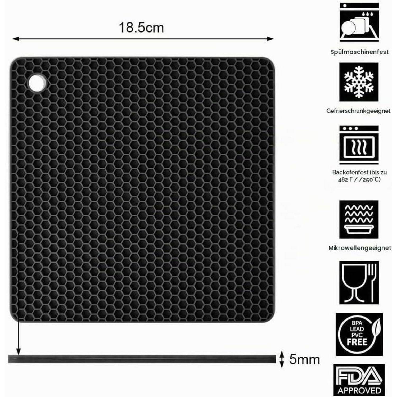 Schwarze Sechseck-Muster-Quadratmatte oder Untersetzer mit Aufhängeloch, 18,5 cm breit und 5 mm dick; Symbole auf der rechten Seite zeigen Spülmaschine, Gefrierschrank, Ofen, Mikrowelle und BPA-/PVC-/bleifrei, FDA-zugelassen.