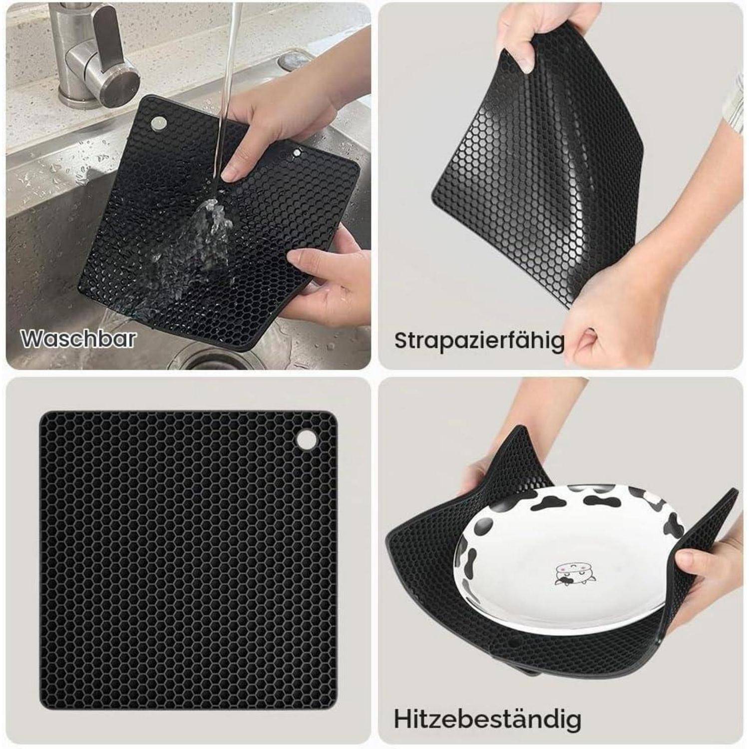Vierteiliges Produktbild einer schwarzen Silikonmatte mit Wabenmuster: unter dem Wasserhahn waschbar, flexibel und reißfest, hitzebeständig und wird verwendet, um ein Gericht sicher zu halten.