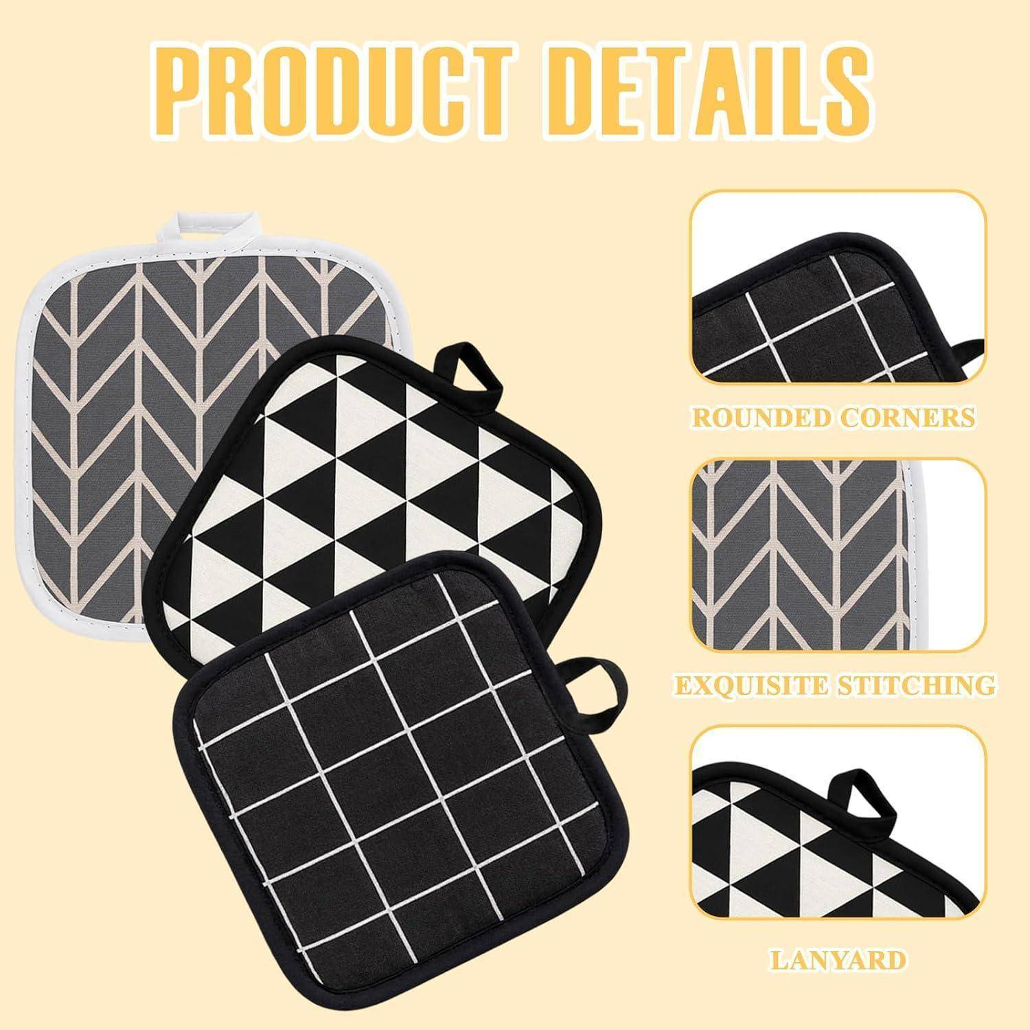 Produktdetails-Grafik mit drei quadratischen gepolsterten Taschen mit abgerundeten Ecken, Nahtenkanten und einer Schlüsselband-Schleife; Nahaufnahmen kennzeichnen diese Merkmale.