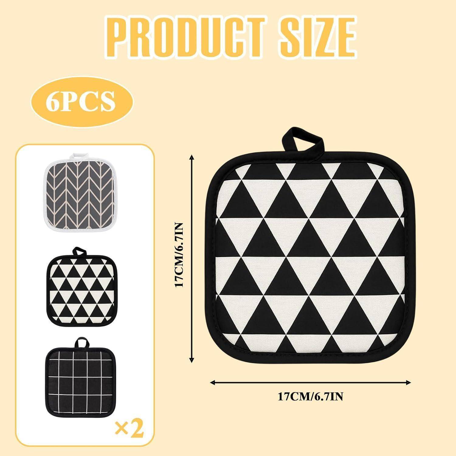 Produktgrößentabelle für eine quadratische Tasche mit Reißverschluss: 17 cm x 17 cm (6,7 Zoll). Das Set enthält 6 Stück in drei schwarz-weißen Mustern.