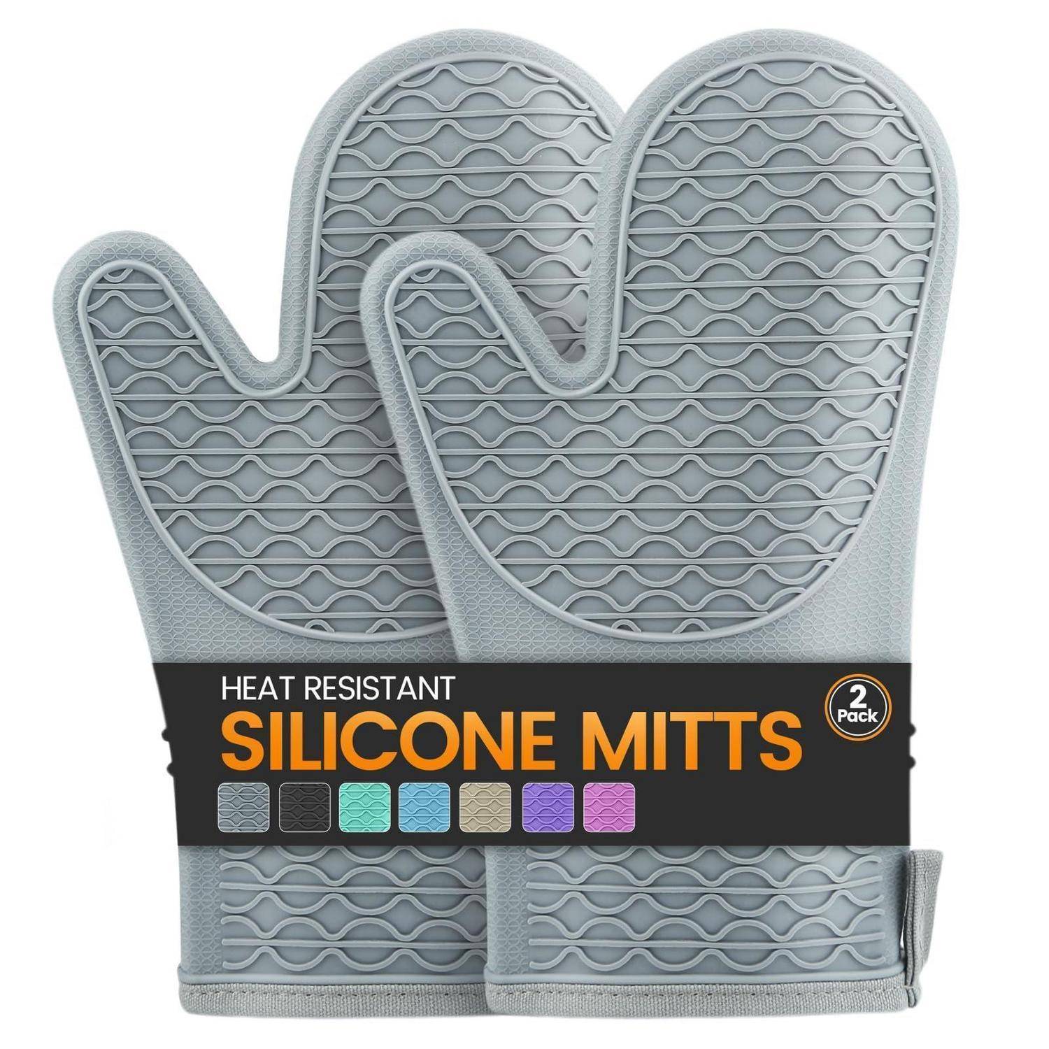 Paket mit zwei grauen Silikon-Ofenhandschuhen mit der Bezeichnung „HITZEBESTÄNDIGE SILIKON-HANDSCHUHE