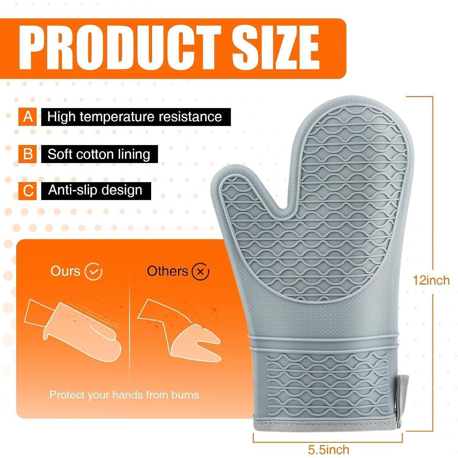 Produktgrößengrafik für einen grauen Ofenhandschuh: Hochtemperaturbeständigkeit, weiches Baumwollfutter, rutschfestes Design; 12 Zoll groß und 5,5 Zoll breit.